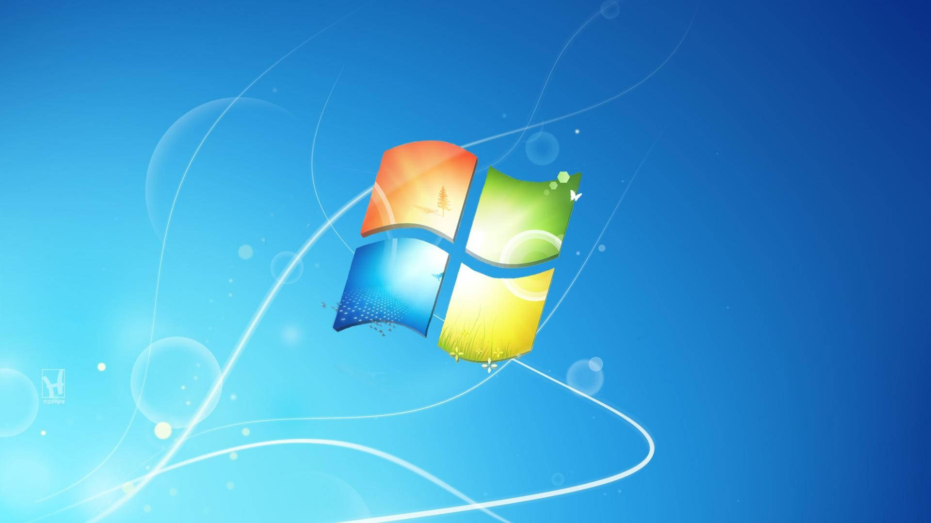 日落時分壯麗的冷藍色風景 壁紙 — 充滿活力的Windows標誌漂浮在漸變藍色天空上，帶有發光的漩渦和氣泡。