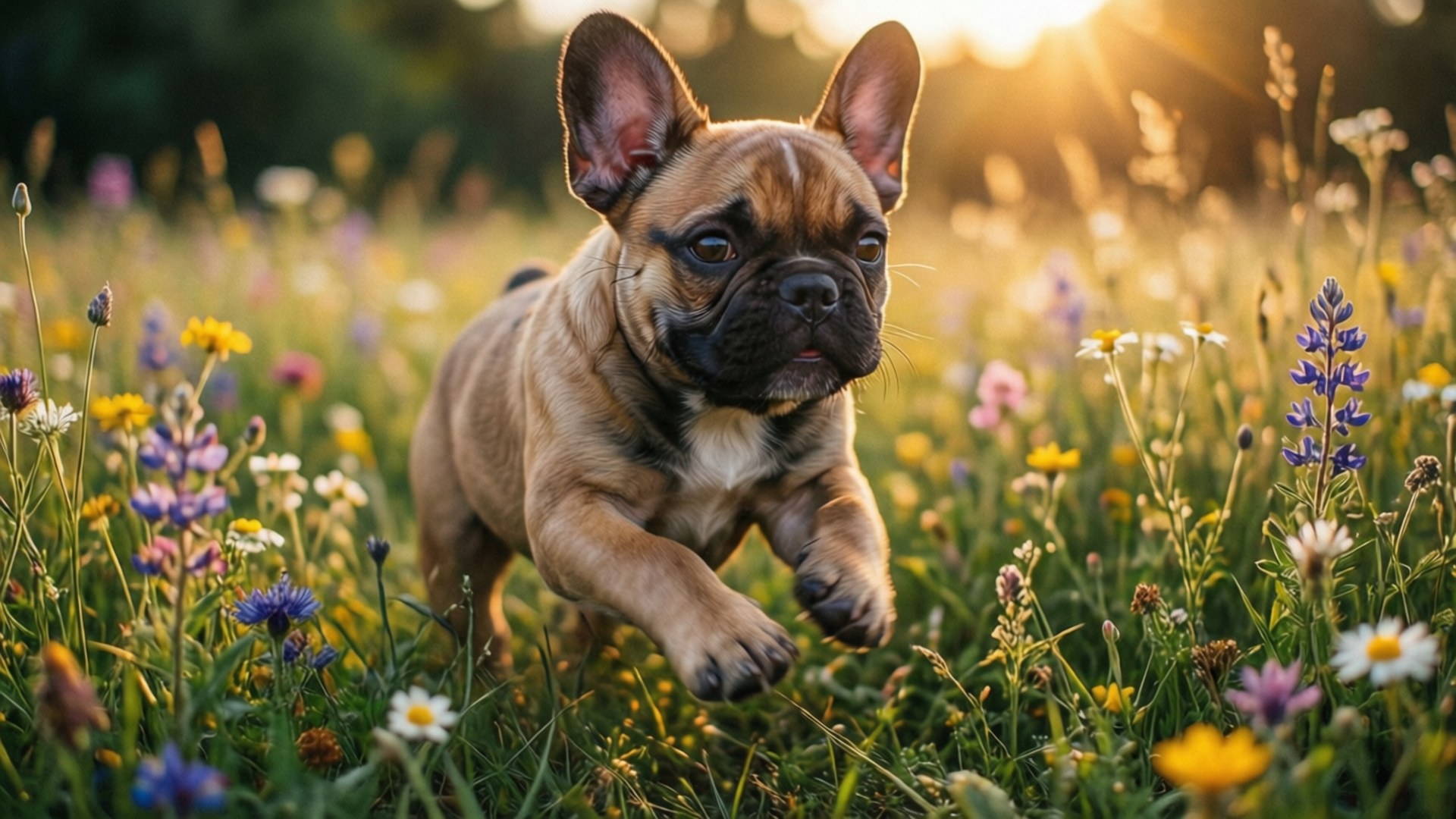 一隻頑皮的法國鬥牛犬幼犬在日落時分跑過野花田。
