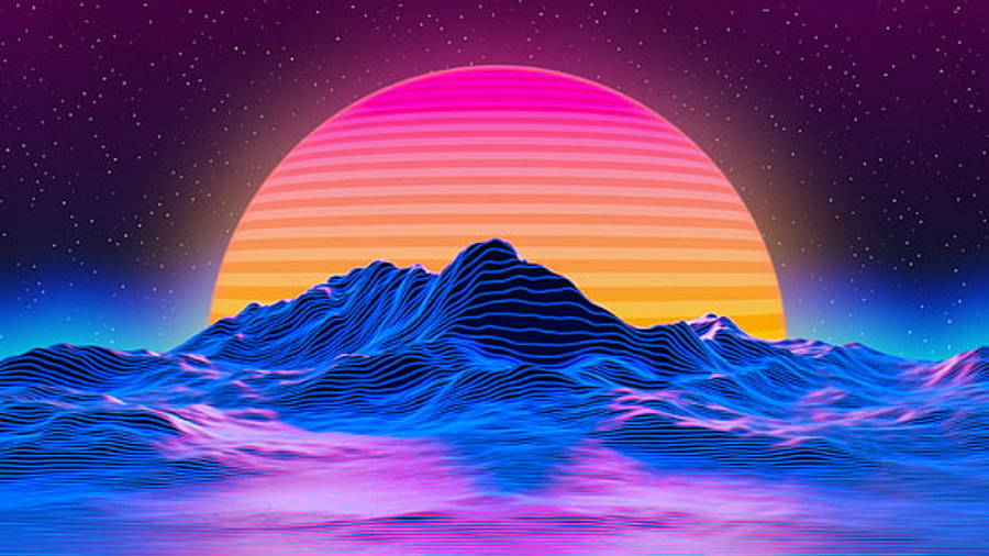 日落時分寧靜山景 壁紙 — 在繁星點點的紫色天空下，發光的藍色山脈背後有一個條紋粉橙色太陽的霓虹日落。
