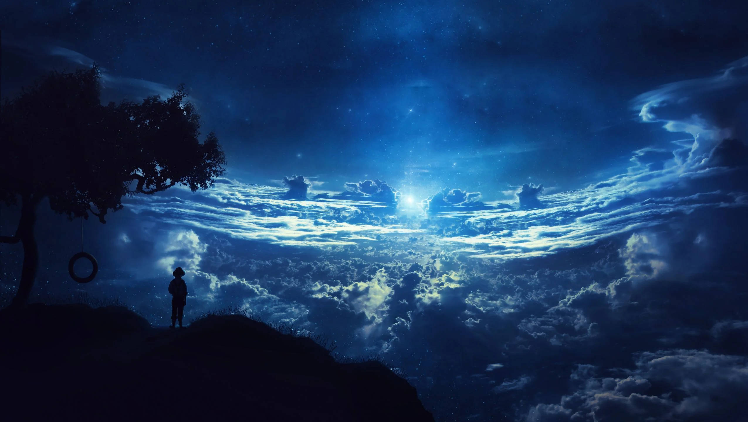 日落時分寧靜沙漠風景 壁紙 — 一個孤獨的孩子站在懸崖上，頭頂是繁星點點的夜空，有發光的雲朵和一束明亮的天光。