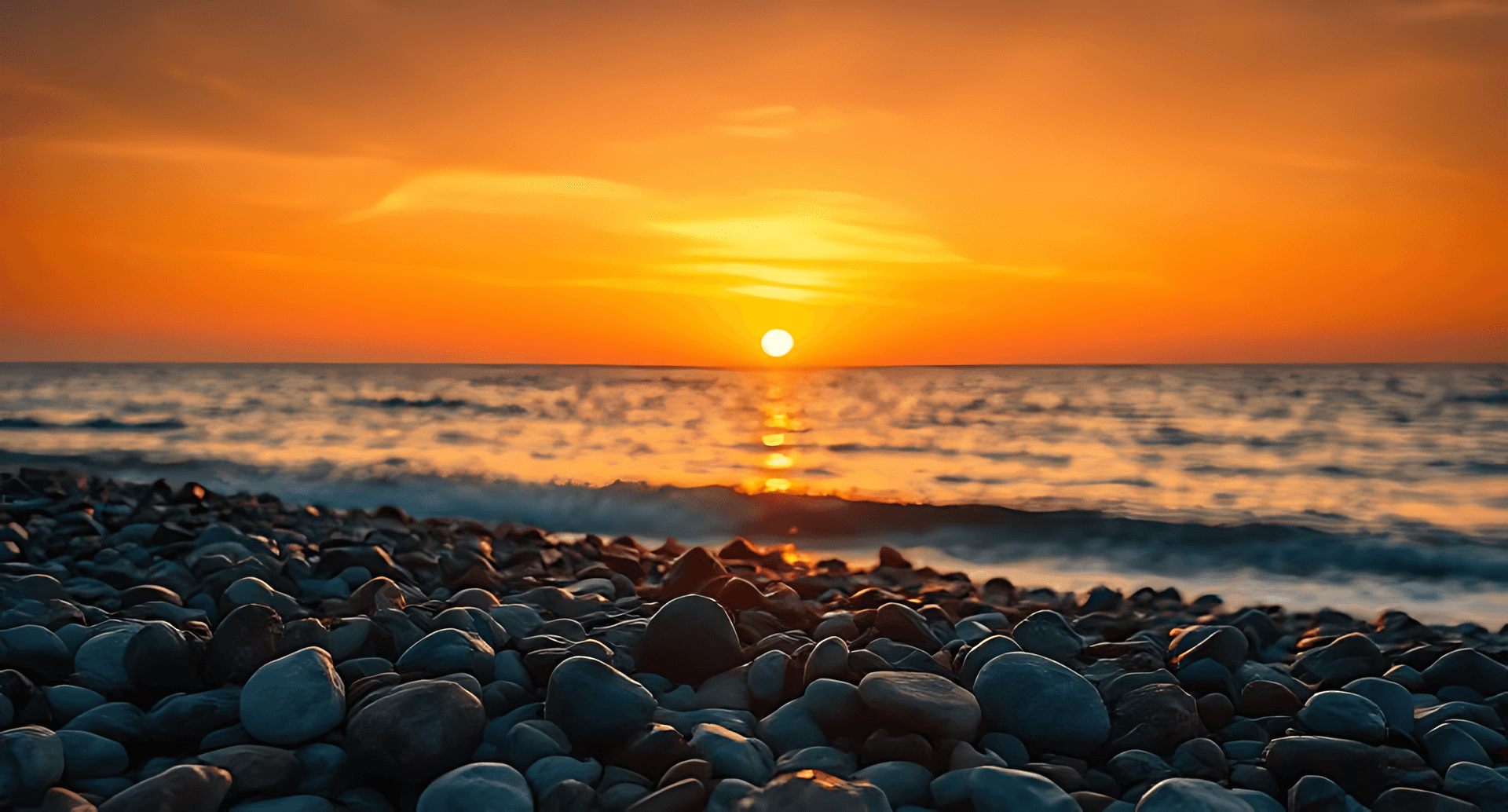 海洋上的日落，海浪拍打卵石海灘 — 風景動圖 壁紙