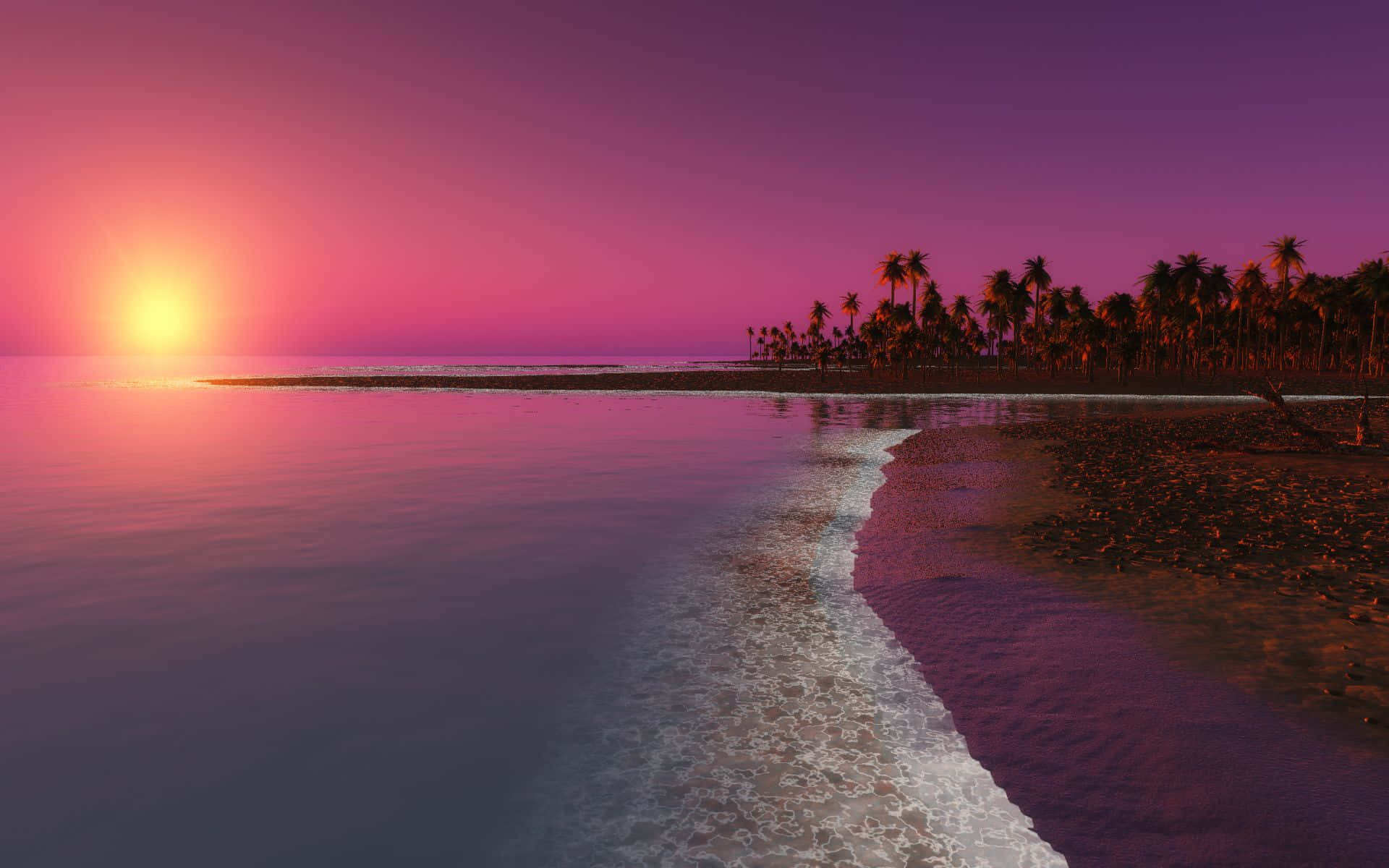 Pink Sunset 桌布 壁紙 — 日落時分寧靜的熱帶海灘，粉紅和紫色的天空映照在平靜的水面上，棕櫚樹沿著海岸形成剪影。
