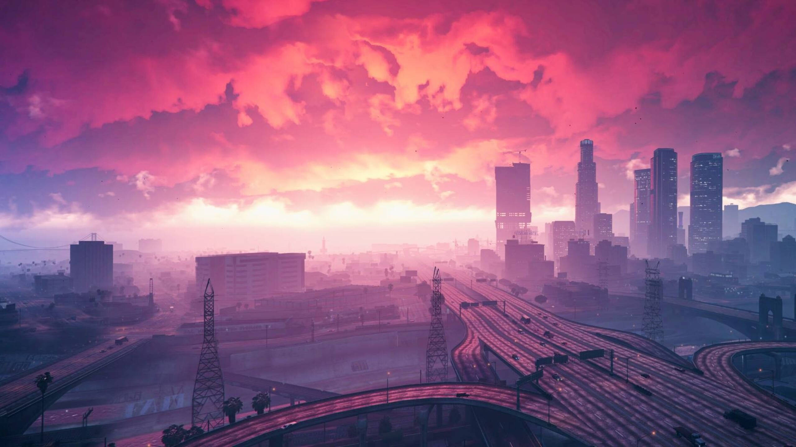 gta v 桌布 壁紙 — 日落時分廣闊的城市景觀，洋紅色雲彩在高速公路和摩天大樓上投下夢幻般的光芒。