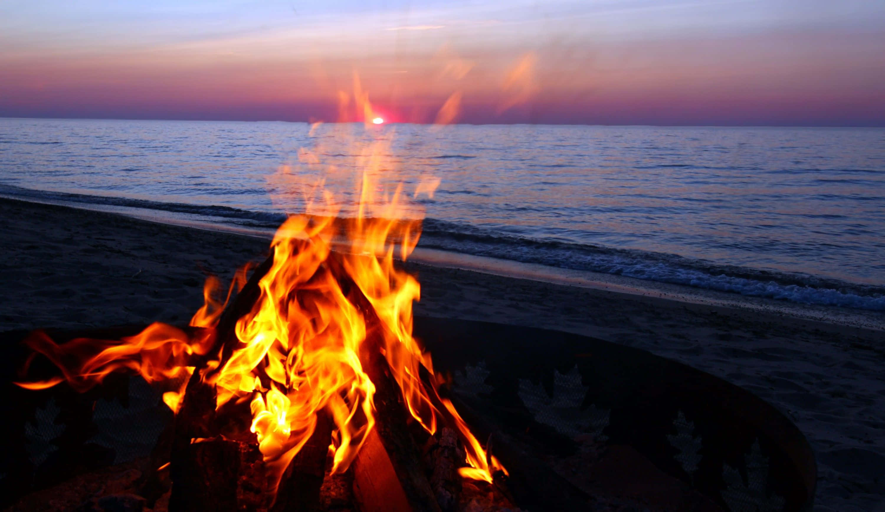 Beach Bonfire 桌布 壁紙 — 日落時分海灘上熊熊燃燒的營火，鮮豔的橙色火焰映襯著紫色和粉紅色的天空。