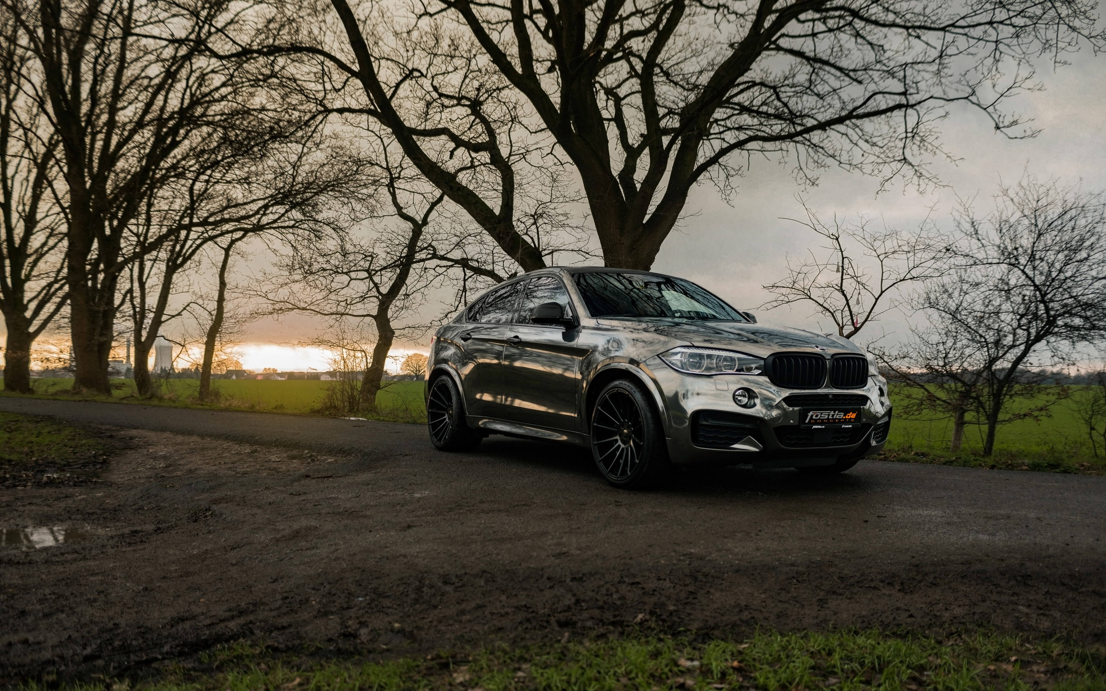 日落時分的BMW X6 M 壁紙 — 一架時尚嘅銀色BMW X6停泊喺一條泥路上，周圍係光禿禿嘅樹木，背景係充滿氣氛嘅日落。