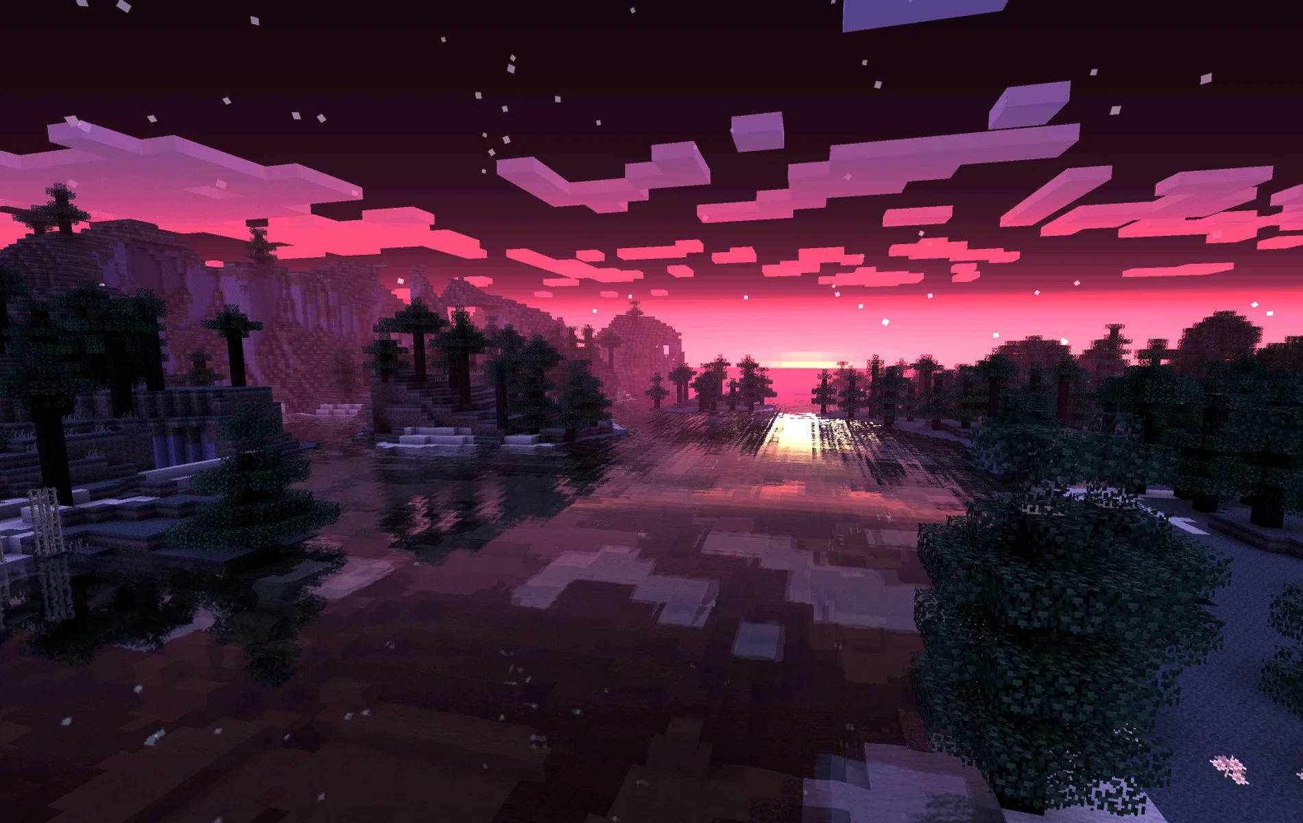 Minecraft日落場景，粉紅色天空和水面倒影 — 日落天空 壁紙