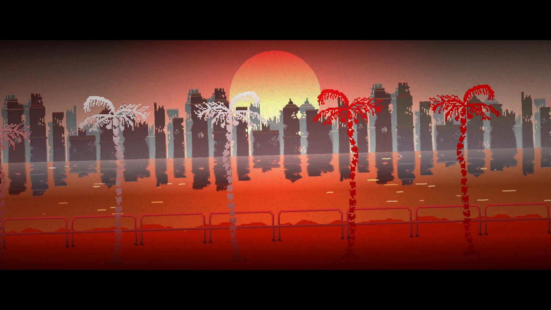 Hotline Miami 桌布 壁紙 — 日落時分的像素藝術城市景觀，有棕櫚樹和水中反射的發光橙色太陽。