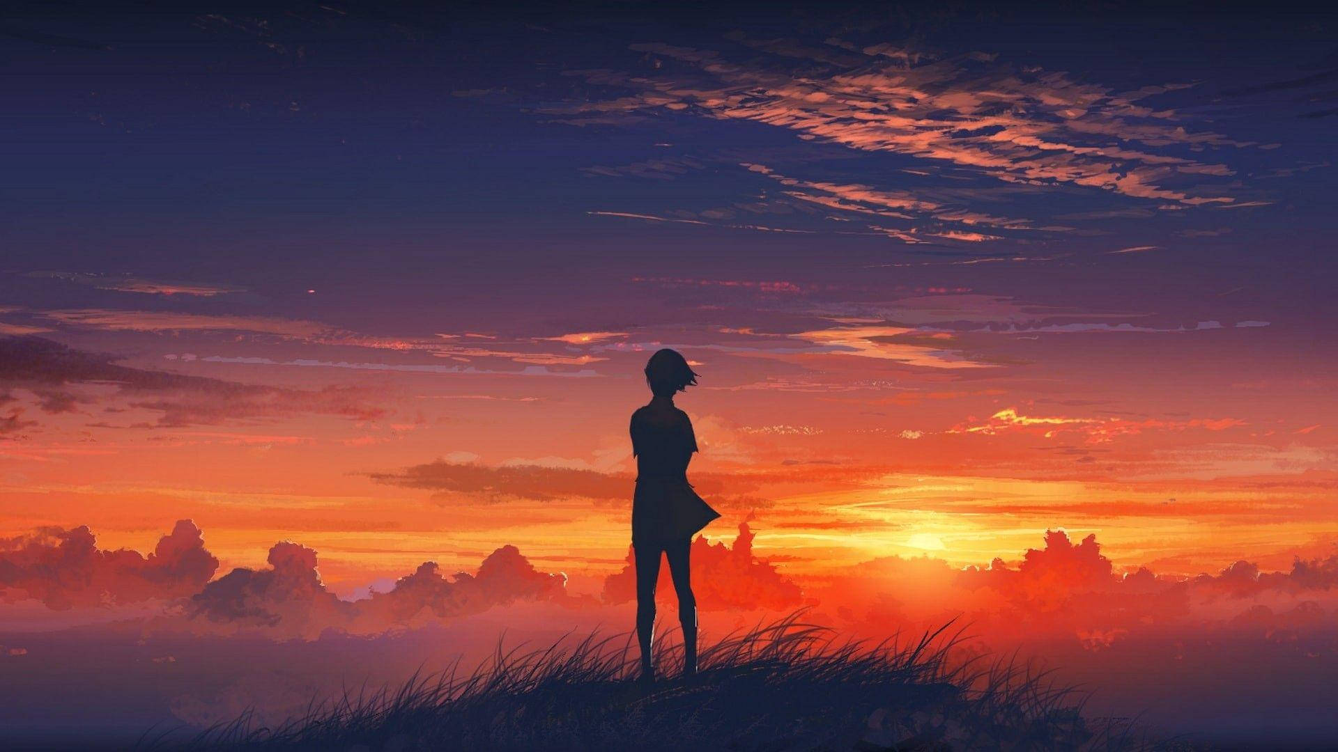 日落時分的動漫少女桌面壁紙 壁紙 — 一個孤獨的身影站在長滿青草的山丘上，看著熾熱的夕陽將天空染成鮮豔的橙色和紫色。