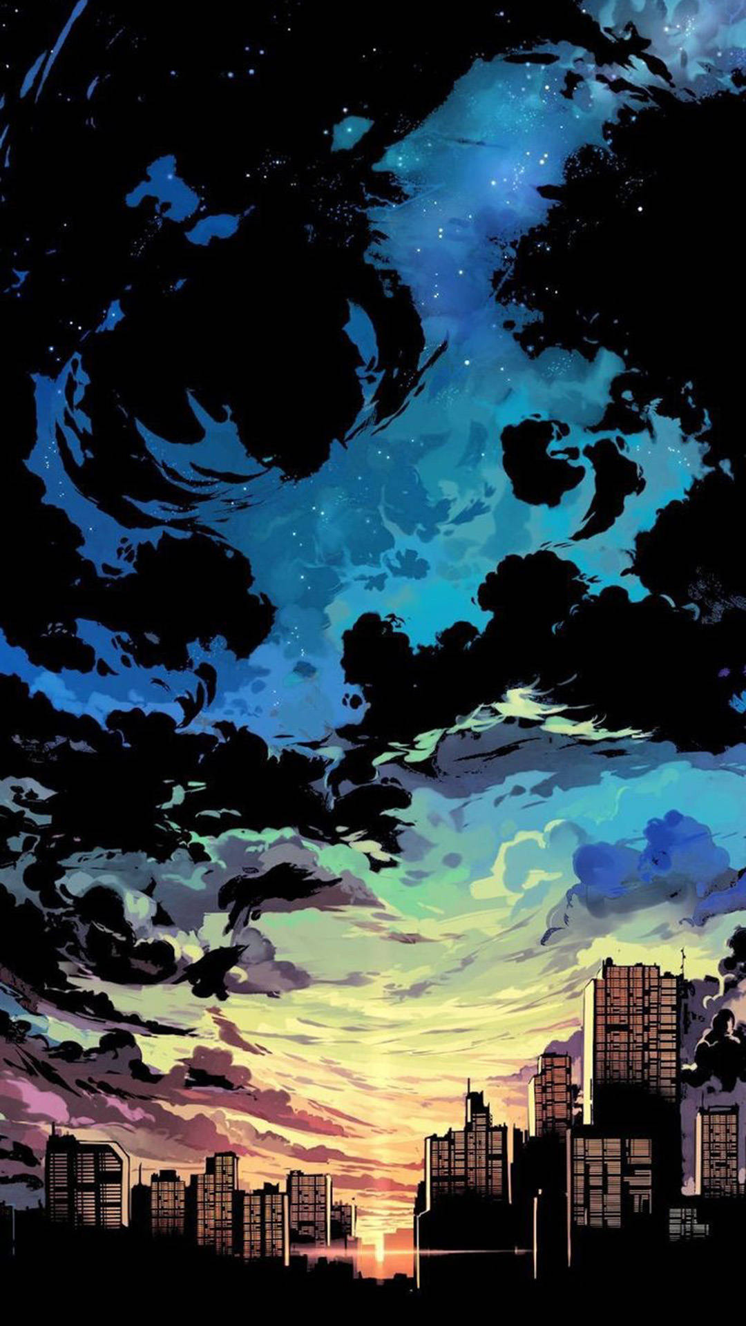 動漫城市 桌布 壁紙 — 日落時分的城市天際線，上方有旋轉的宇宙雲層和星星。