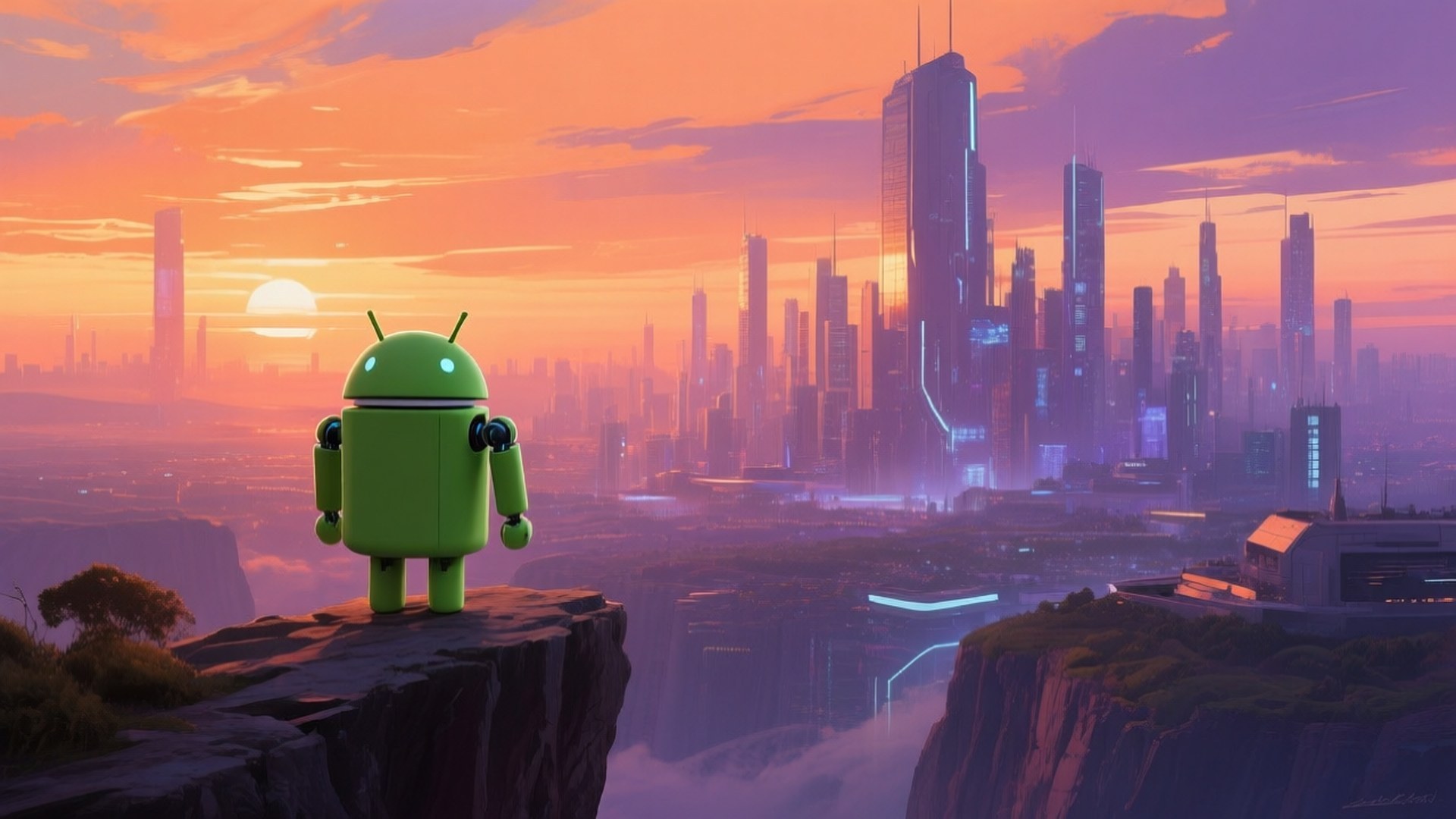 綠色Android機械人在懸崖上俯瞰日落時分的未來城市