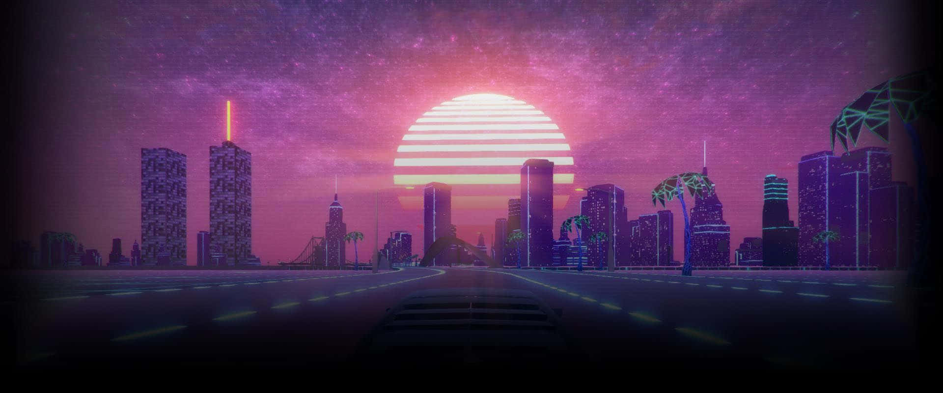 Edgy Aesthetic 桌布 壁紙 — 日落時分的復古未來主義城市景觀，帶有條紋太陽、發光的霓虹燈建築和繁星點點的紫色天空。