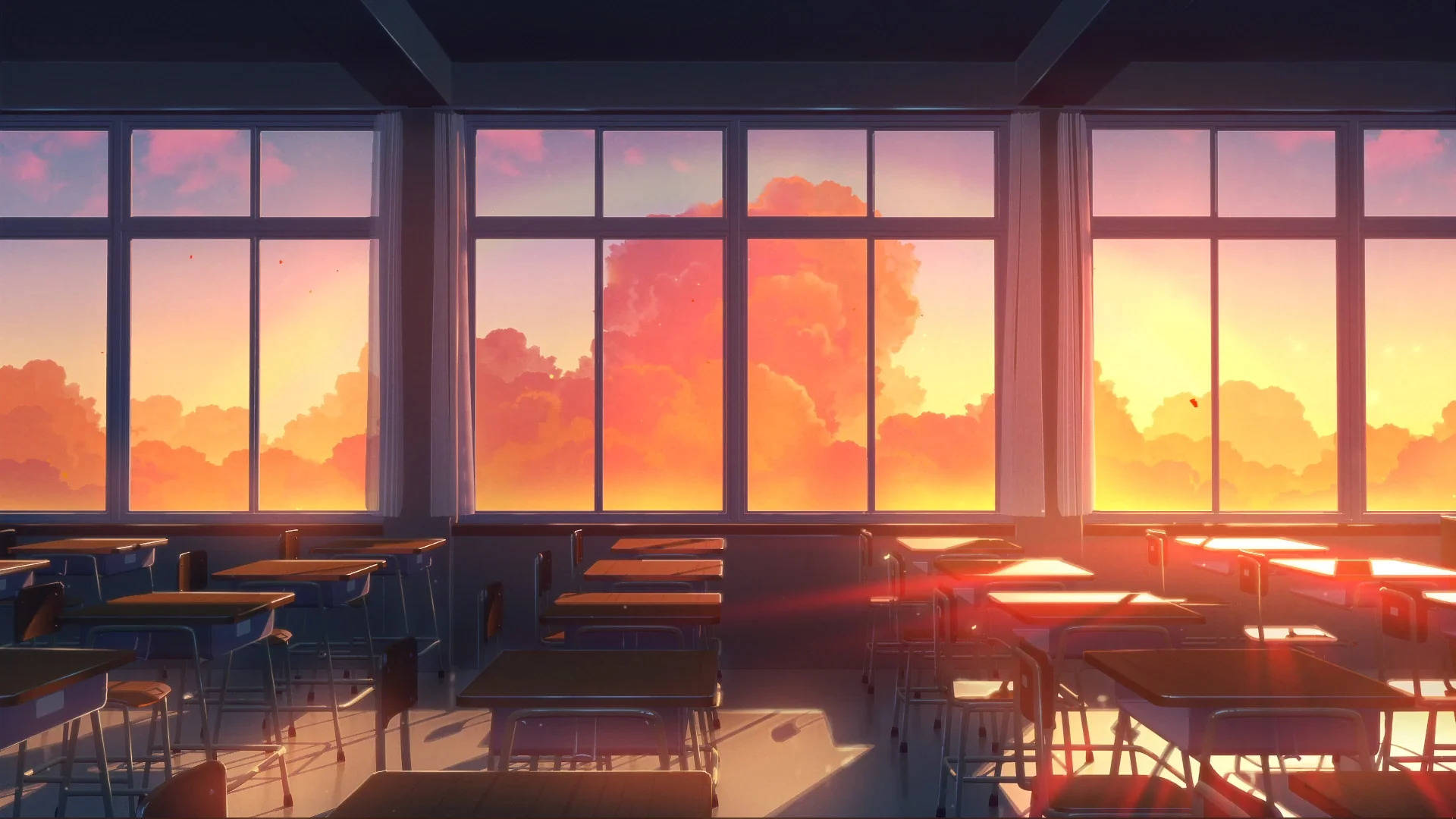 空無一人的教室，書桌在溫暖的夕陽光下，光線穿過大窗戶。