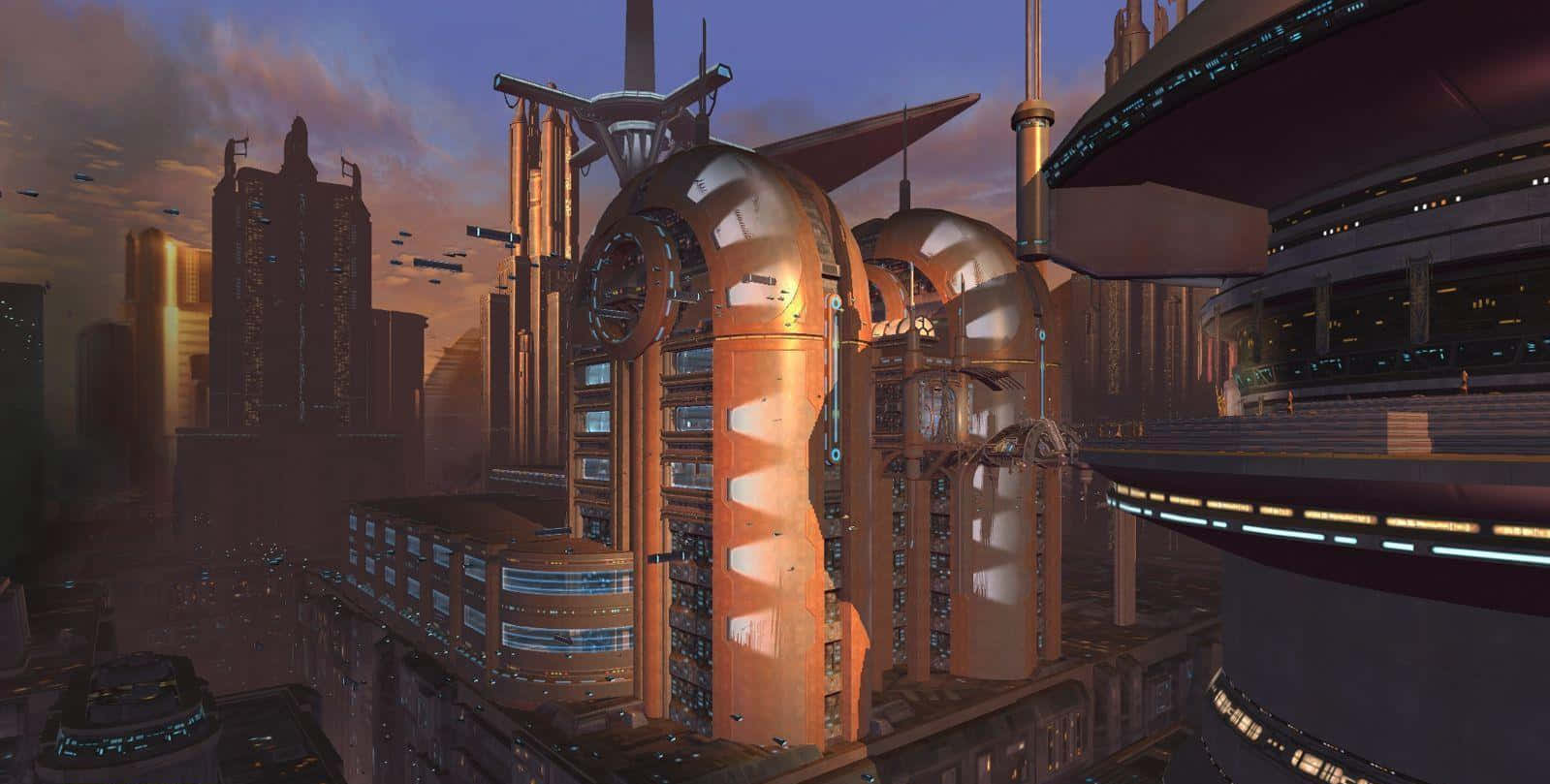 Coruscant 桌布 壁紙 — 日落時分的未來城市景觀，高聳的金屬建築和飛行車輛映襯著溫暖的橙色天空。