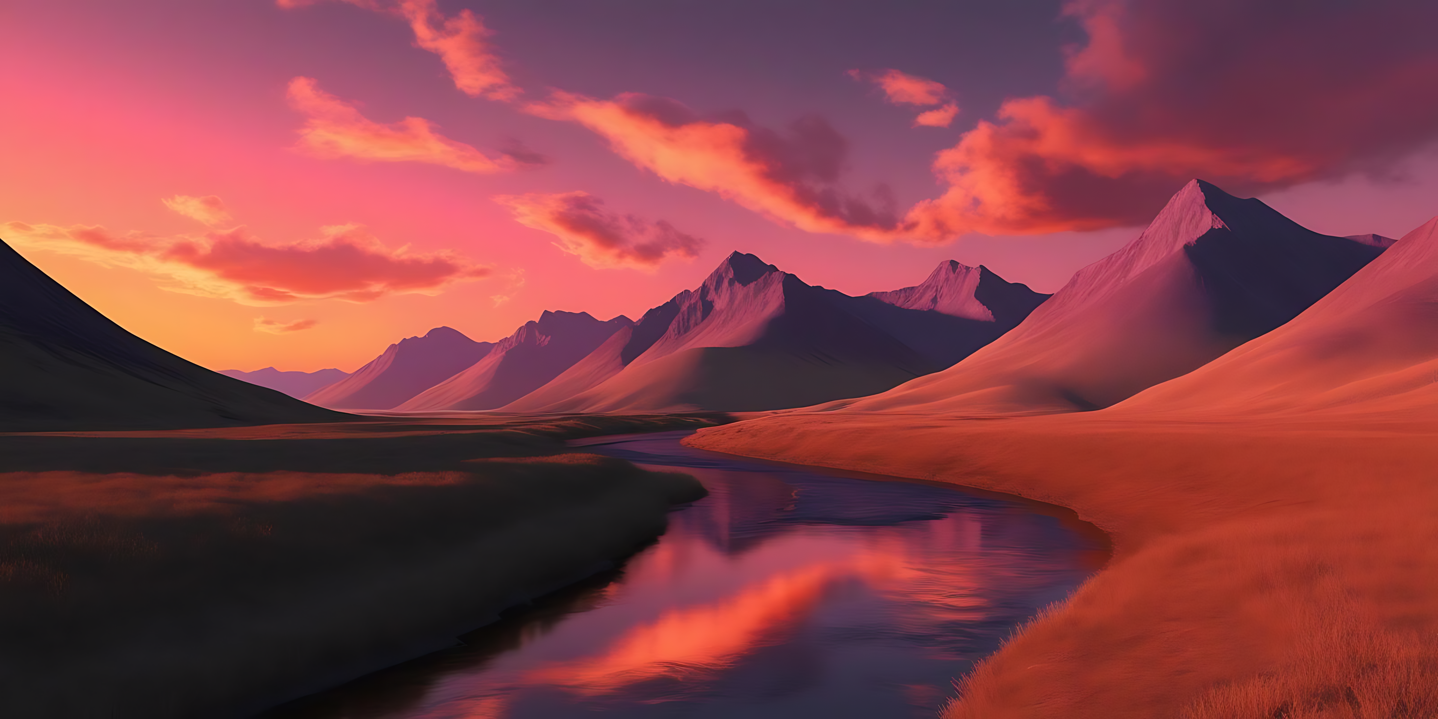 日落時分的沙漠風景 壁紙 — 一條蜿蜒的河流在日落時分流經山谷，映照出火熱的粉紅色和橙色雲彩。