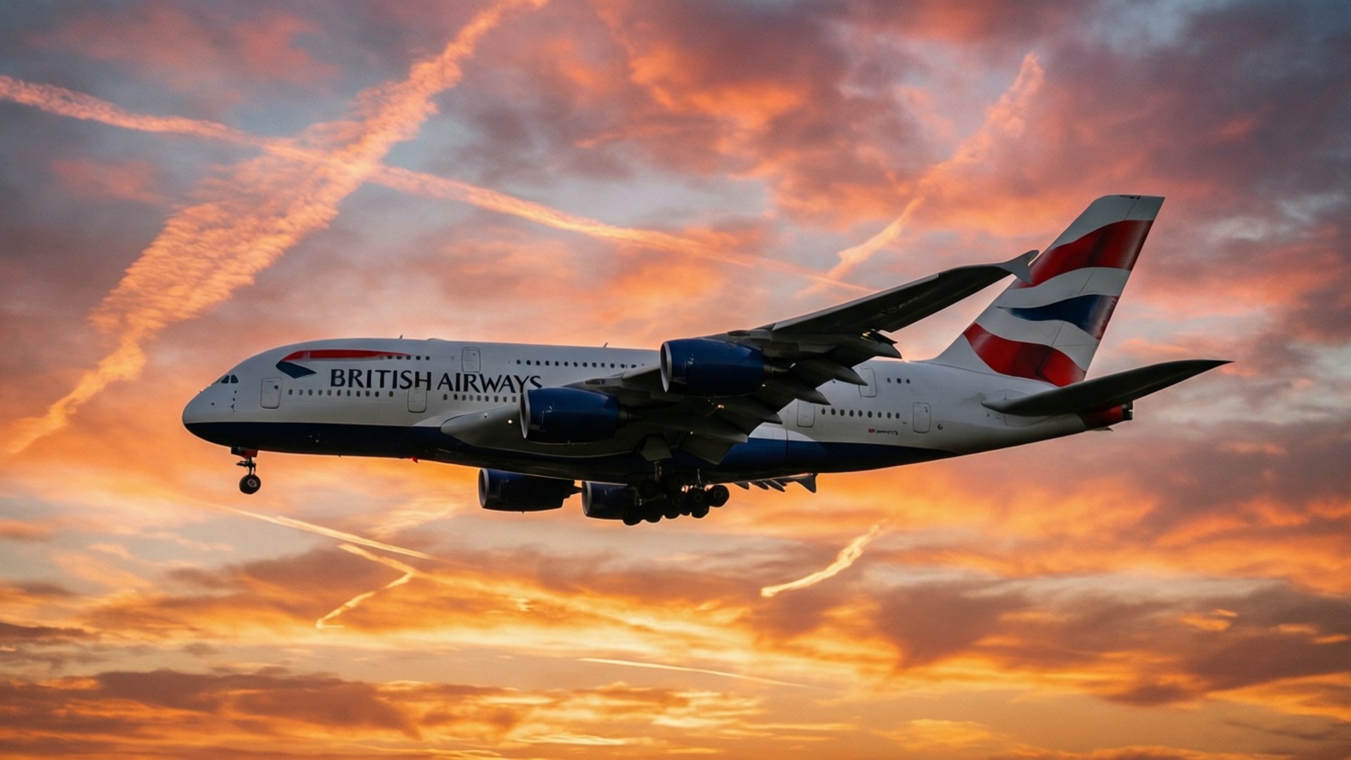 英國航空A380飛機在日落時降落，天空呈現橙色和粉紅色。