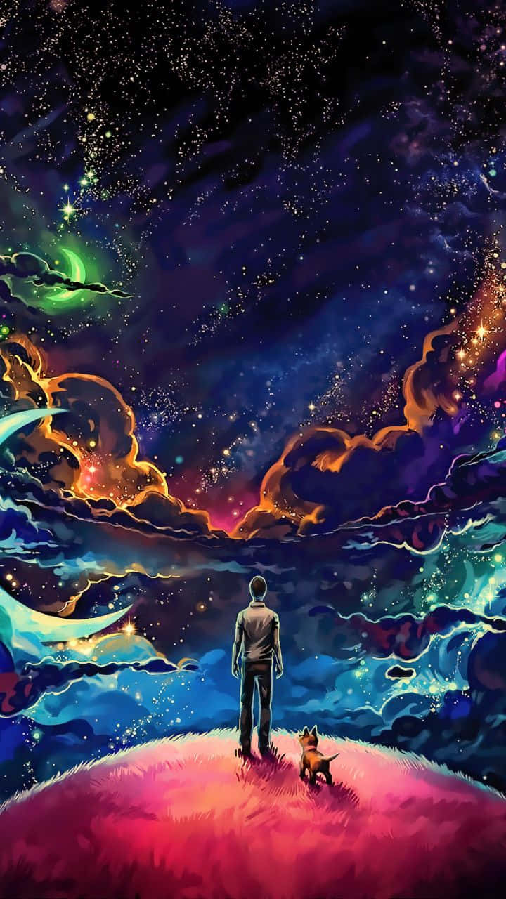 男人和狗在山上，在色彩繽紛的星空下，有星雲。