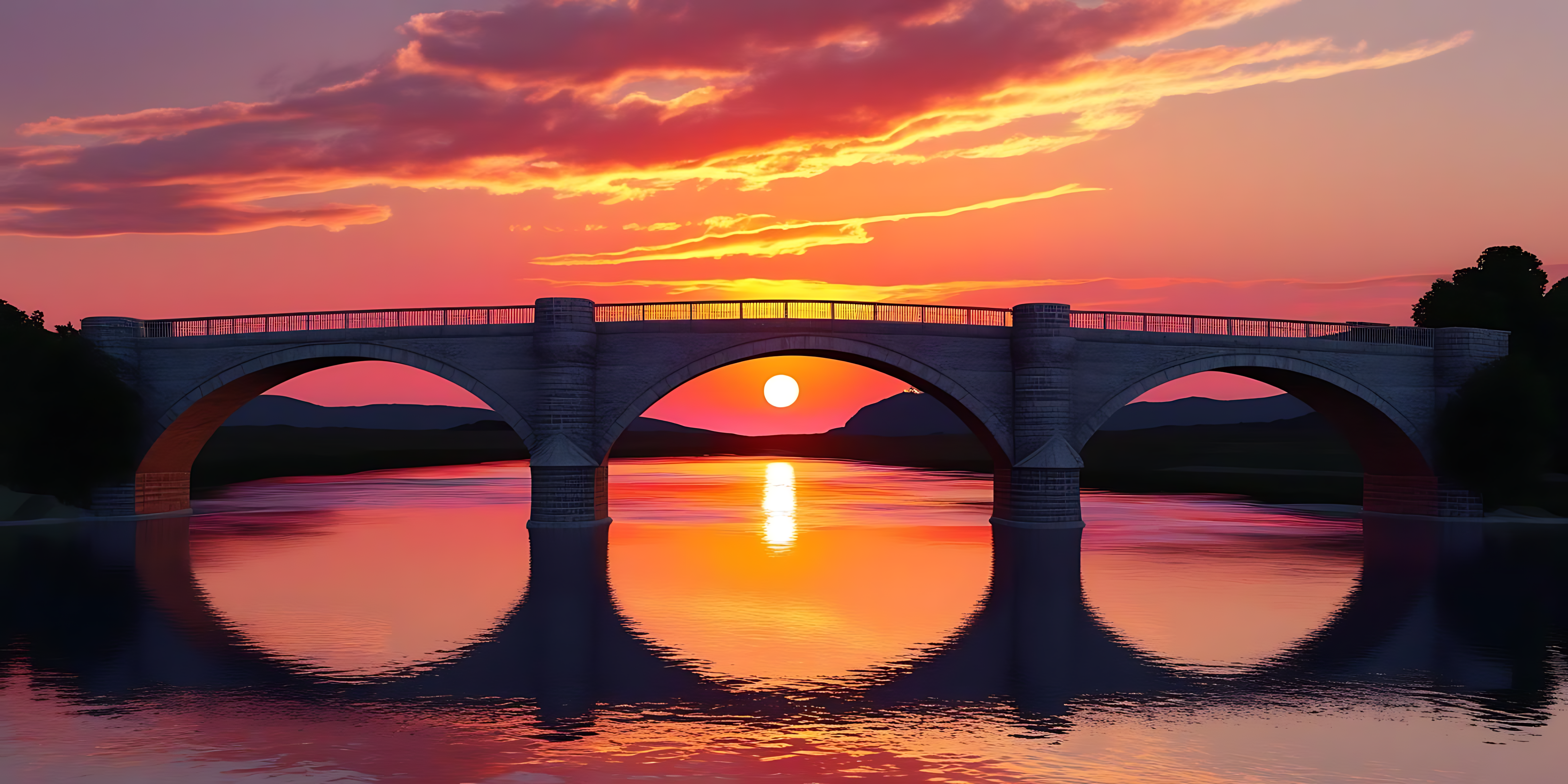 日落時分的雙橋 壁紙 — 一座石拱橋橫跨日落時分的平靜河流，太陽完美地居中在一個拱門中，投射出金色的倒影。