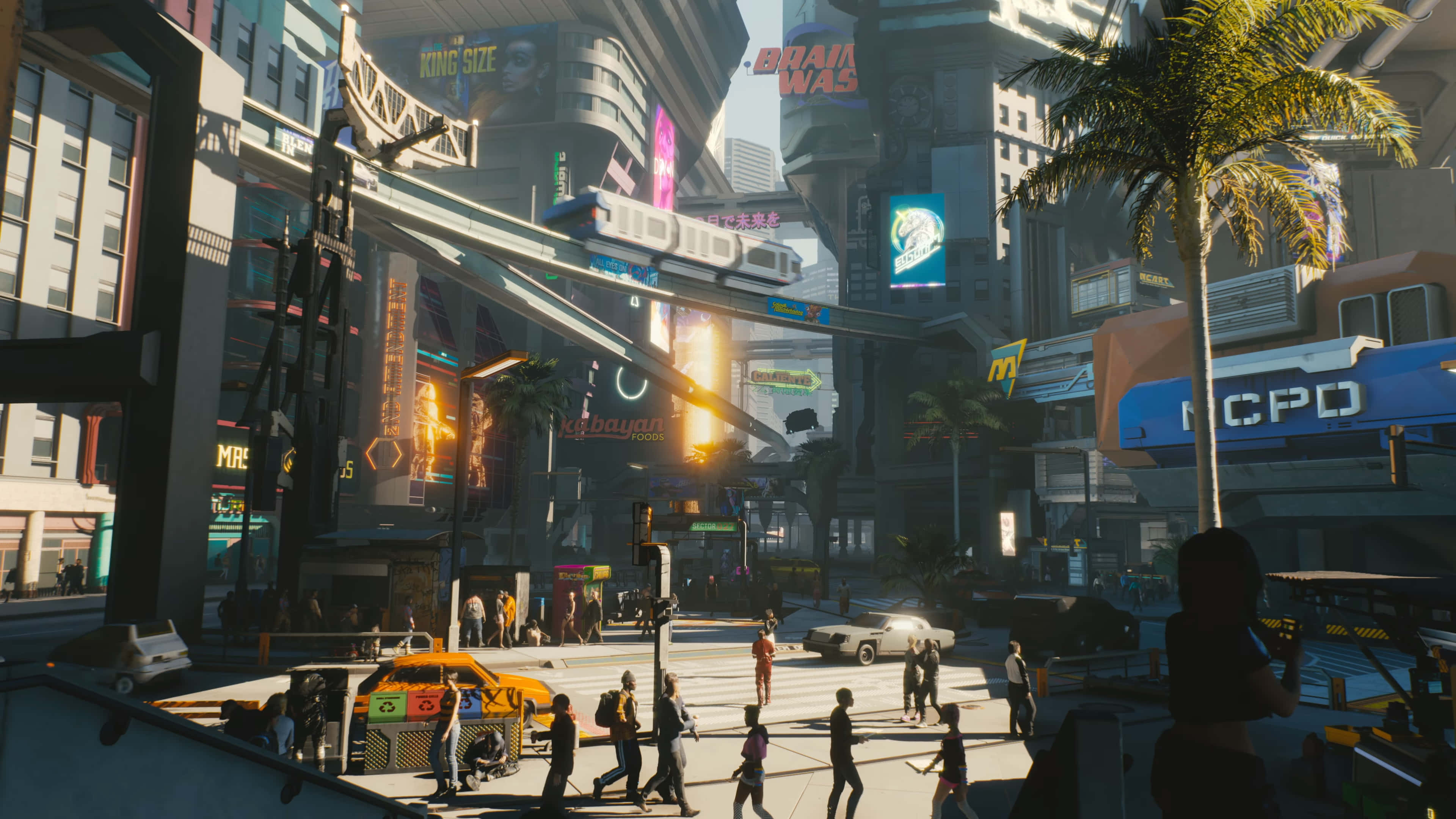 Dark Cyberpunk 桌布 壁紙 — 日落時分繁忙的賽博龐克城市街道，霓虹燈、棕櫚樹和行人，天空閃耀。