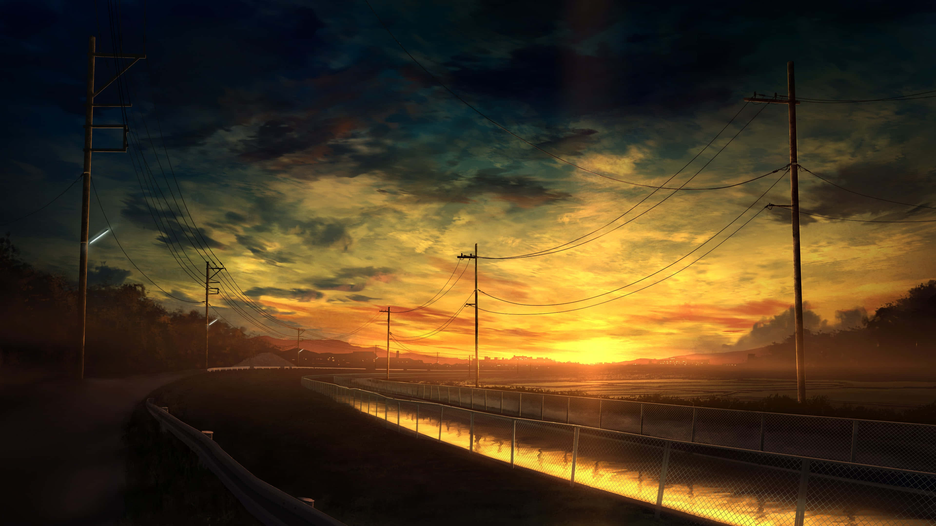 Anime Sunset 桌布 壁紙 — 日落時分蜿蜒的道路，電線延伸至火橙色和深藍色的天空。
