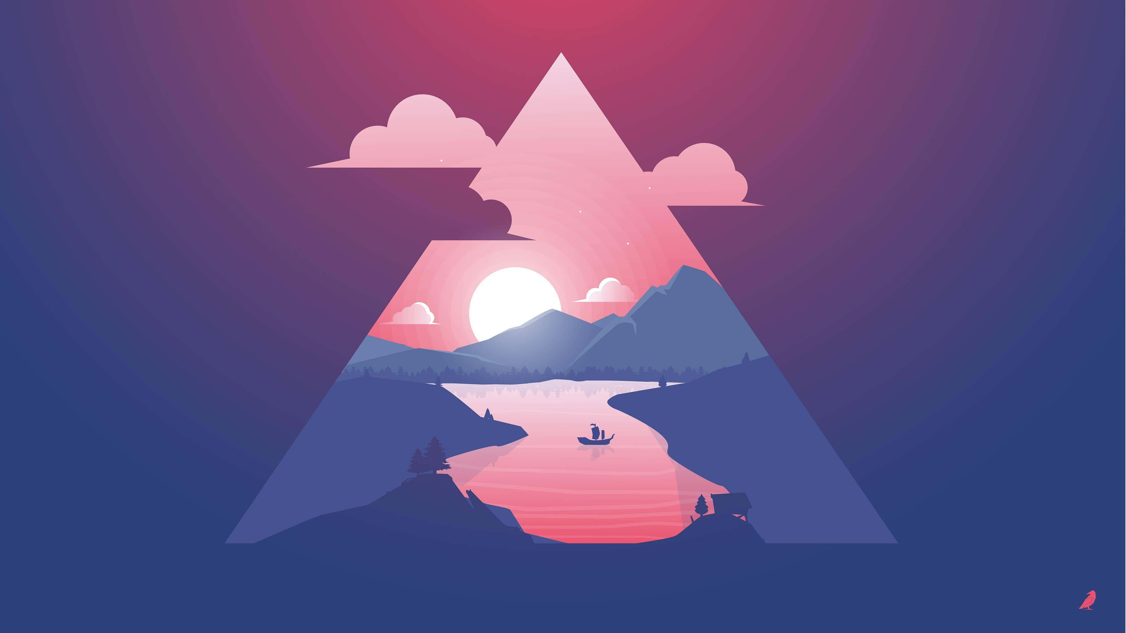 Minimalist Sunset 桌布 壁紙 — 日落時分風格化的山湖，一艘孤獨的划艇和營火，天空呈現粉紅色和紫色。