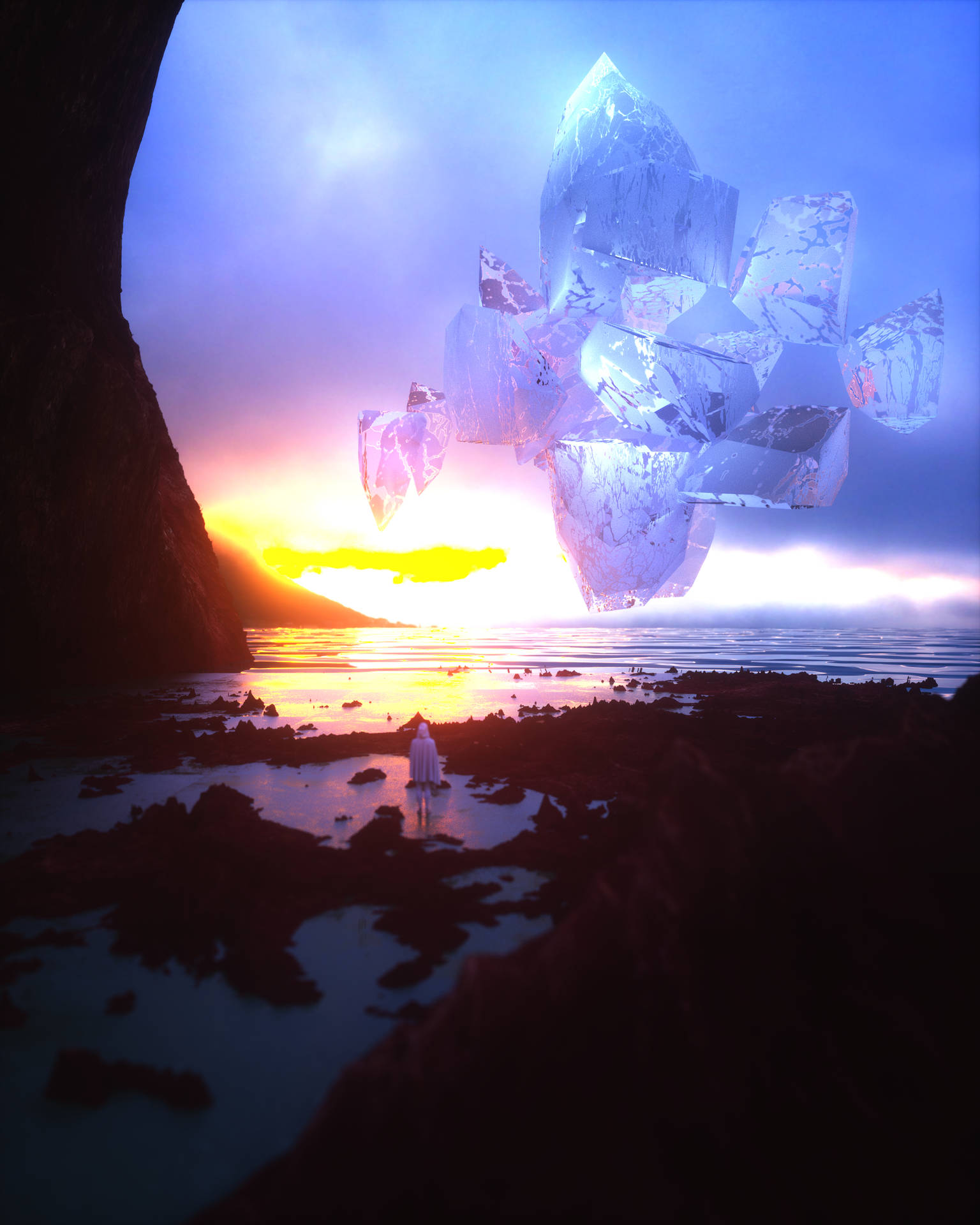 一個白衣人站在岩石海灘上，看著日落時漂浮的巨大水晶。