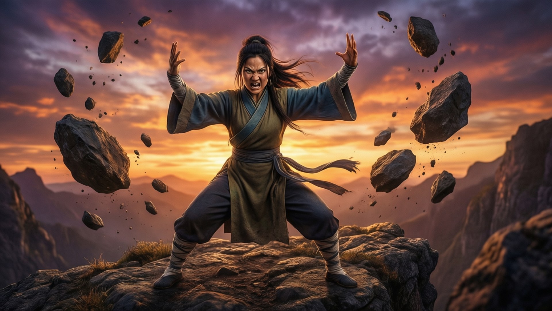 戰士在山頂操控漂浮岩石，日落時分