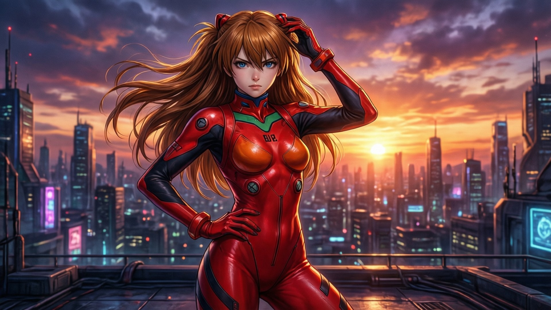 日落時的戰鬥少女明日香 壁紙 — 一名身穿紅黑裝甲服的女性自信地站在屋頂上，背景是未來城市景觀上充滿活力的日落。