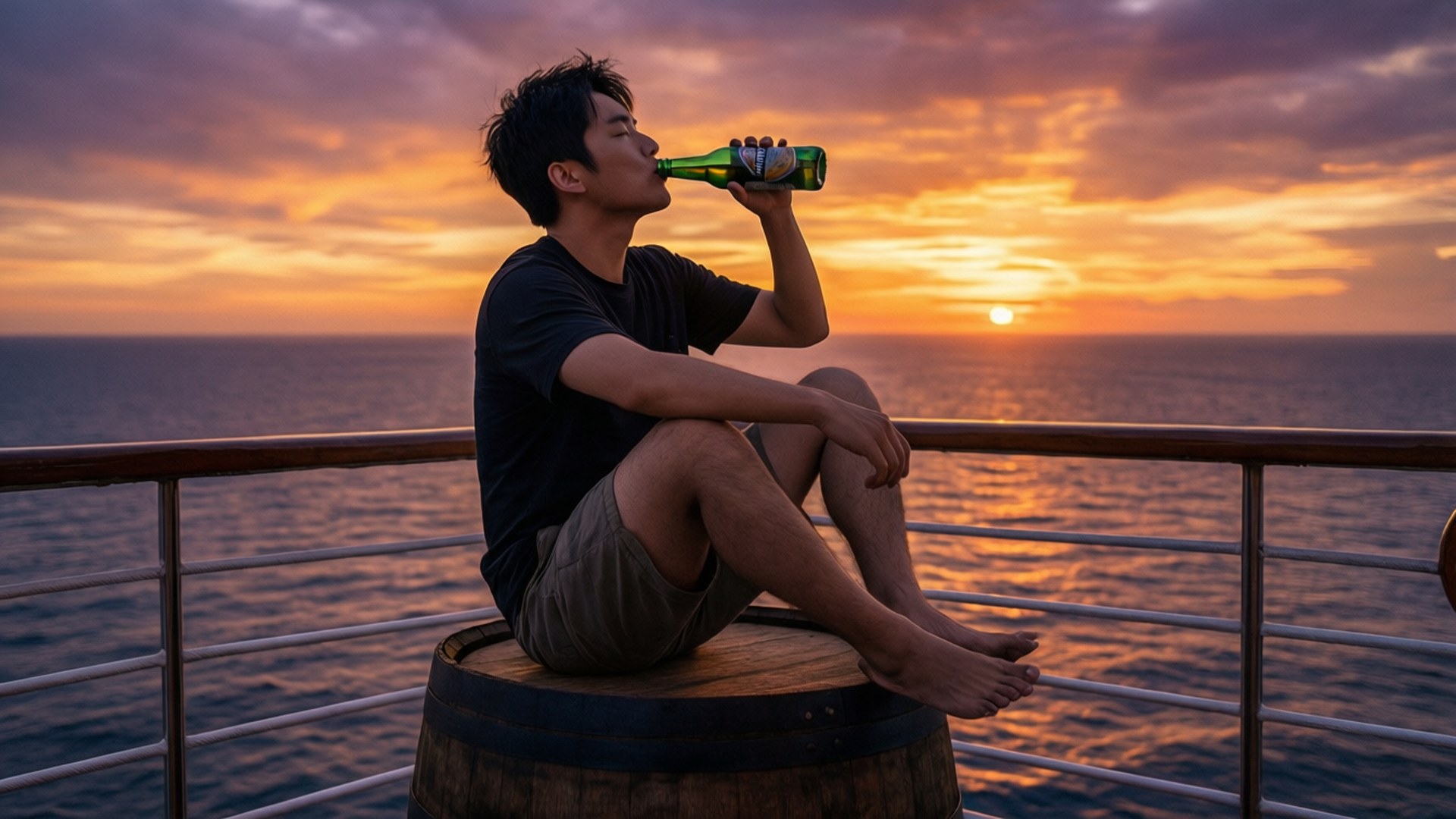 日落時的飲品 壁紙 — 一個男人赤腳坐在木桶上，喝著一個綠色瓶子，夕陽在他身後的海面上落下。