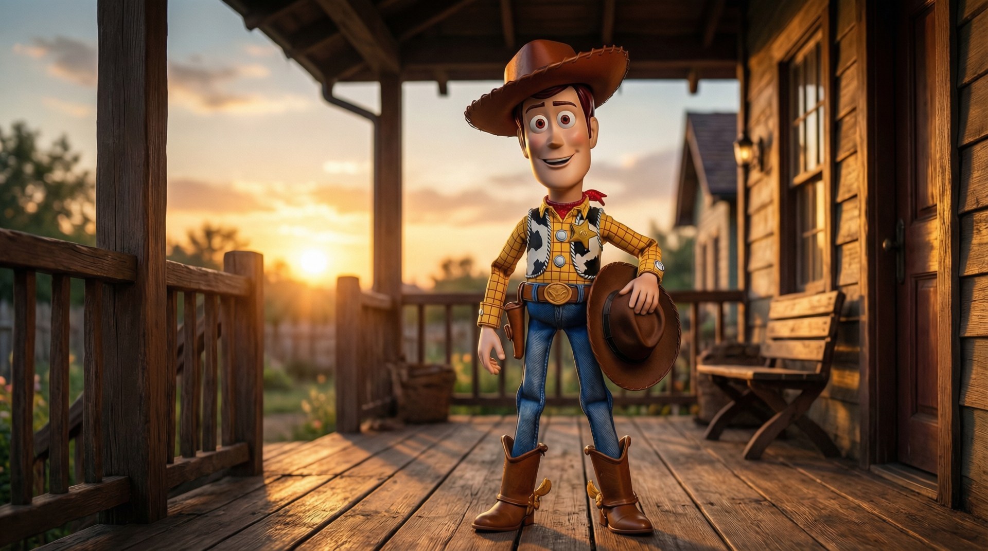 動畫牛仔玩具胡迪在木製門廊上，夕陽西下。