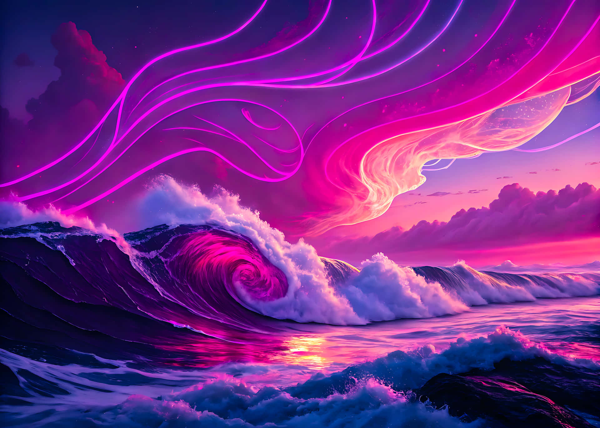發光的粉紅和紫色波浪在旋轉的極光天空下破碎。