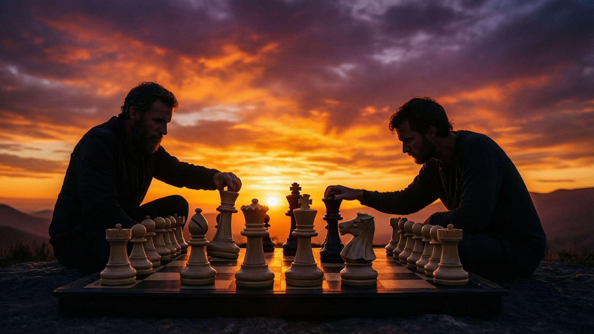 日落棋局 壁紙 — 兩名男子在山脊上夕陽下下棋，上方有火熱的橙色和紫色雲彩。