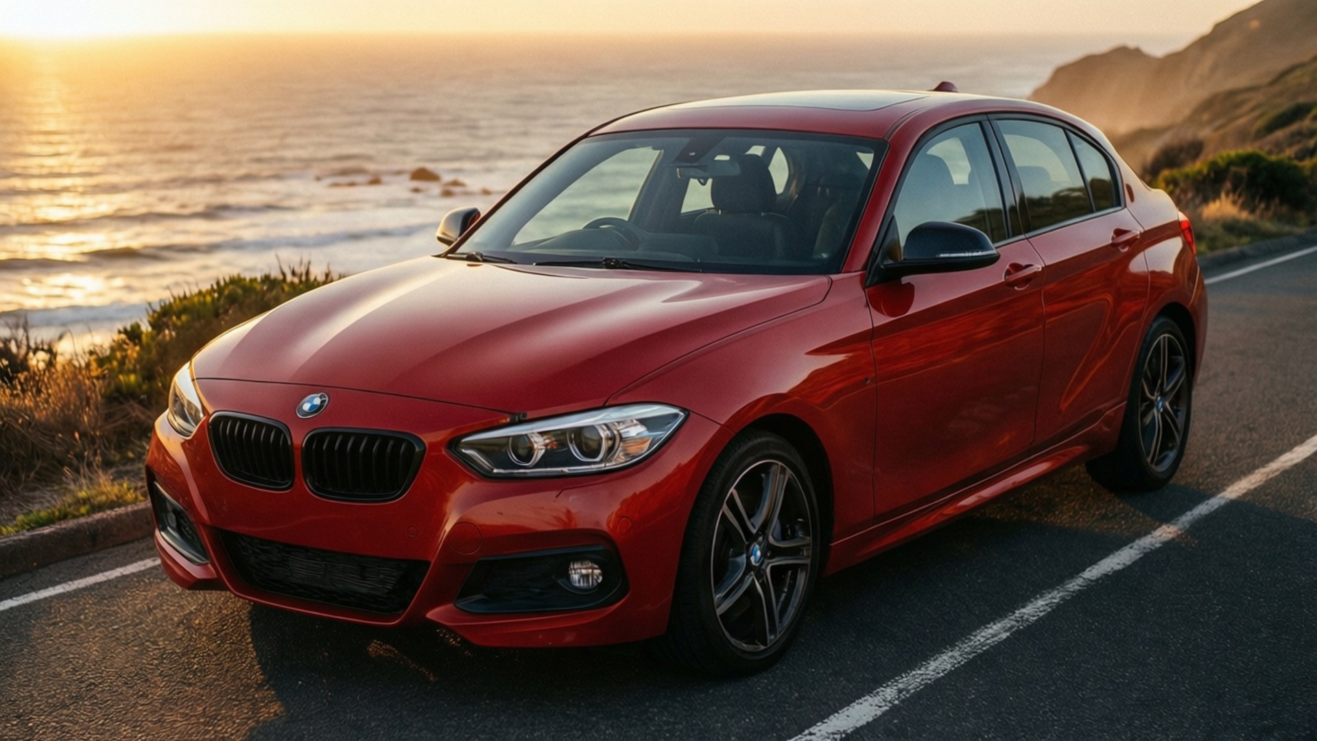 日落海岸駕駛 壁紙 — 一架亮麗的紅色BMW房車停泊在金色日落時分的海岸公路上，背景有海浪和懸崖。