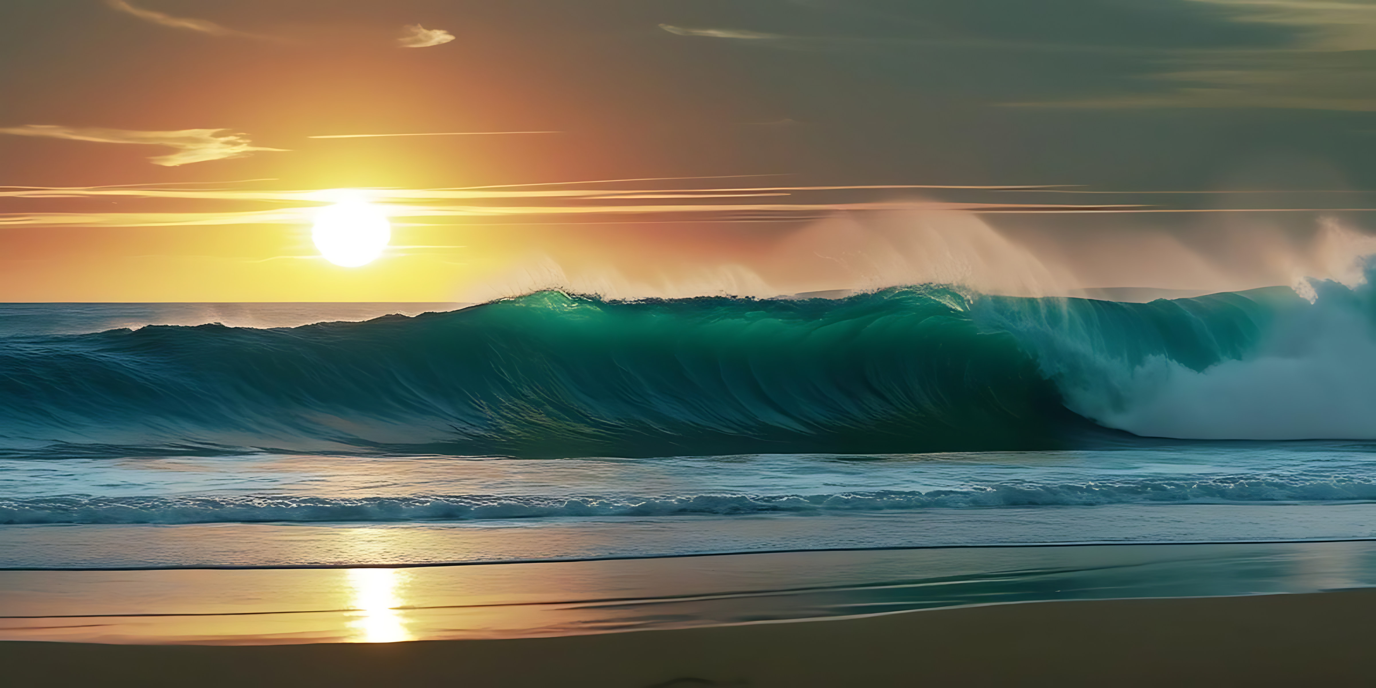日落海景 壁紙 — 巨大的藍綠色海浪在日落時分破碎，金色光線反射在濕沙和泡沫浪花上。