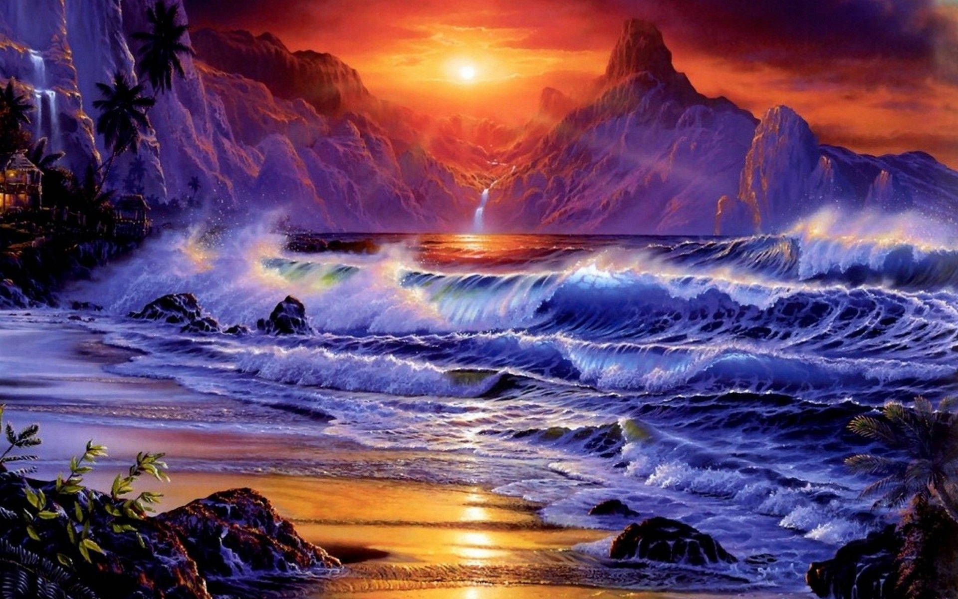 湍急海洋上的日落，破碎的波浪和山脈背景。