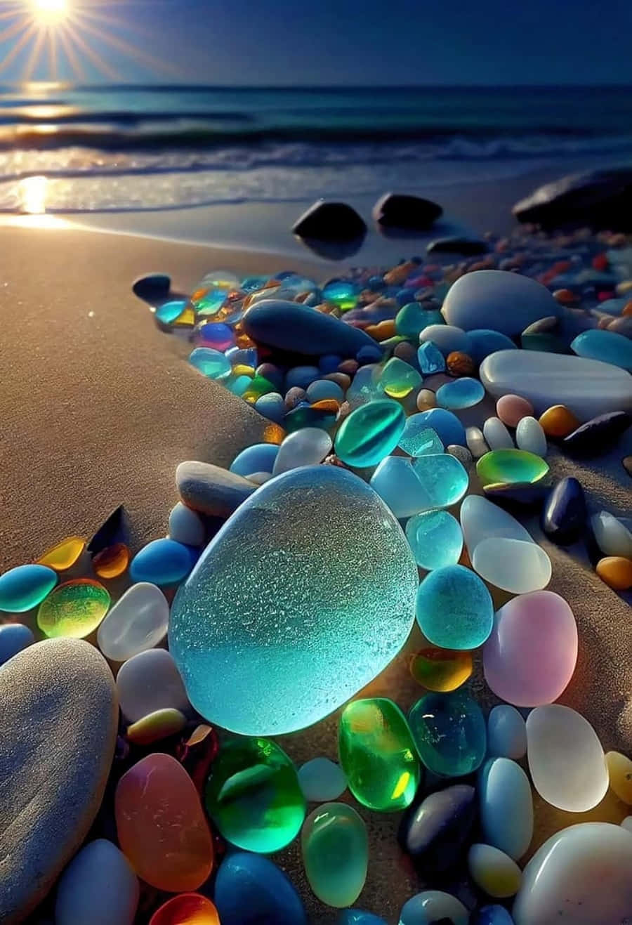 石頭 桌布 壁紙 — 日落海灘場景，充滿活力的玻璃質海石在靠近海浪的濕沙上閃閃發光。