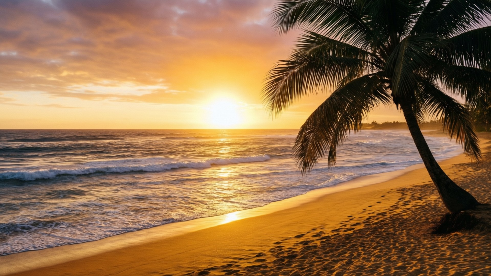 金色夕陽下海洋波浪上的沙灘棕櫚樹