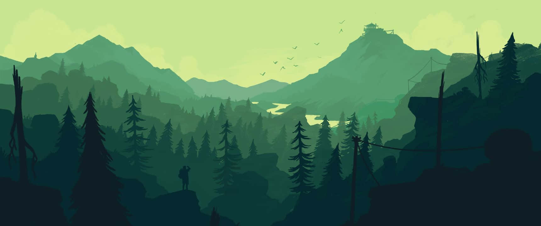 日落湖畔寧靜自然風景 壁紙 — 一位孤獨的遠足者站在懸崖上，俯瞰著一個霧氣瀰漫的綠色山谷，山谷中有松樹林和遠處的山脈，天空呈現柔和的黃色。