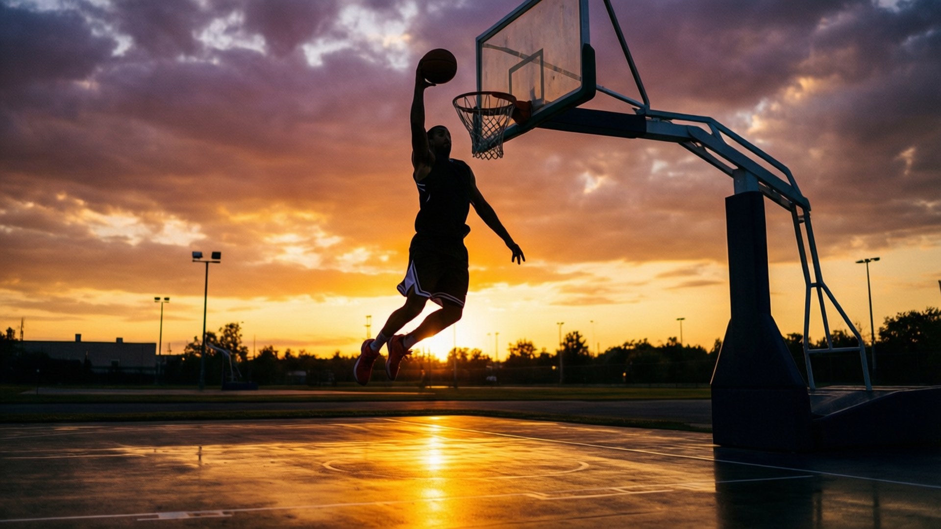 運動員在夕陽下的戶外球場灌籃
