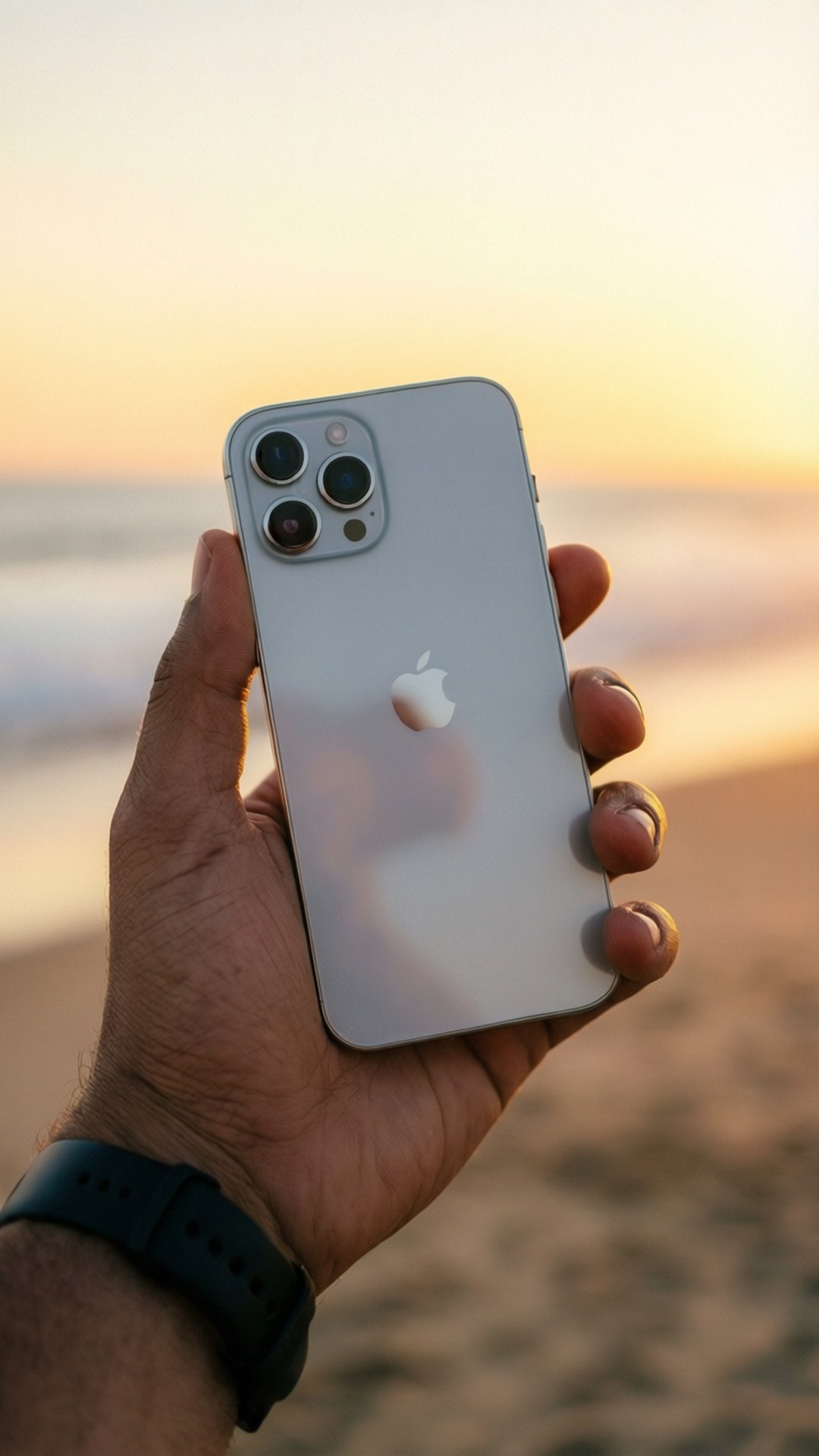 日落沙灘上，手拿著銀色iPhone，背景是海洋。