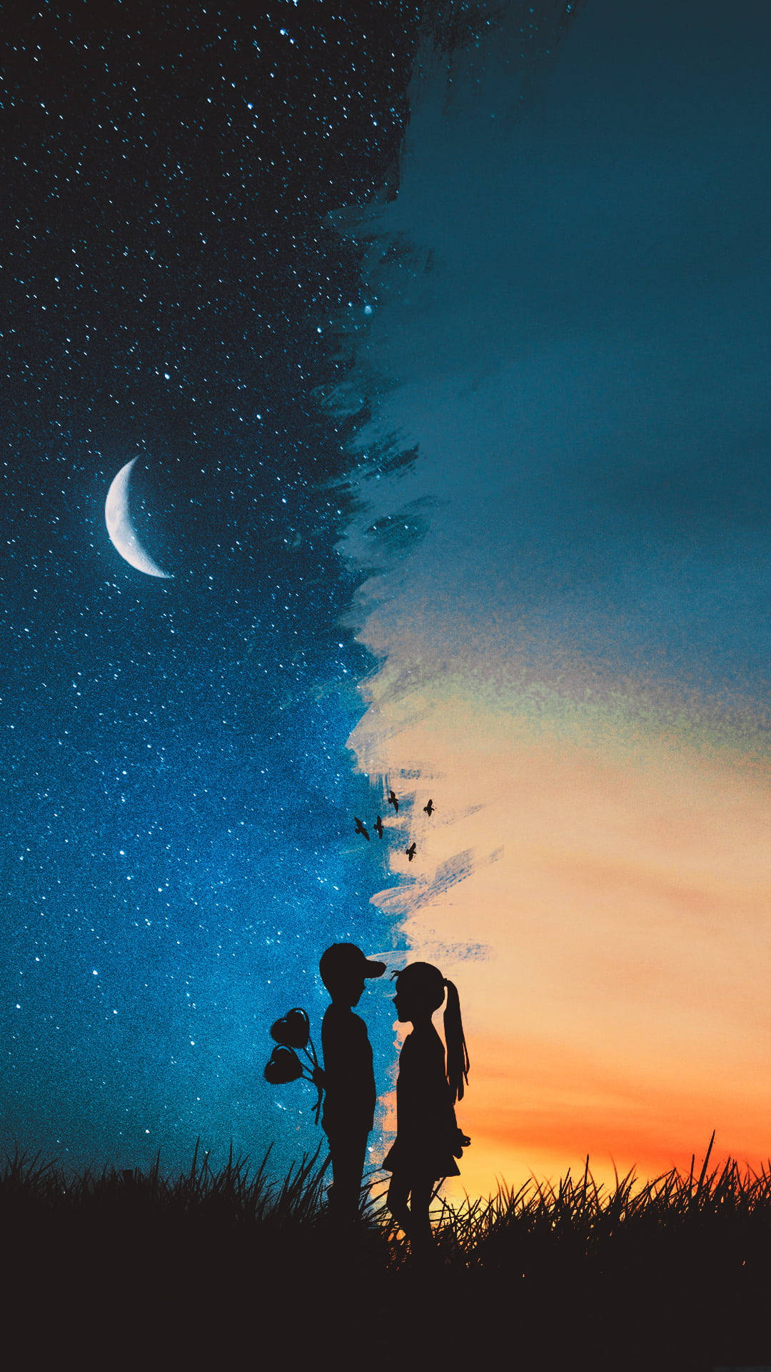 兩個小孩在星空與日落下手牽手