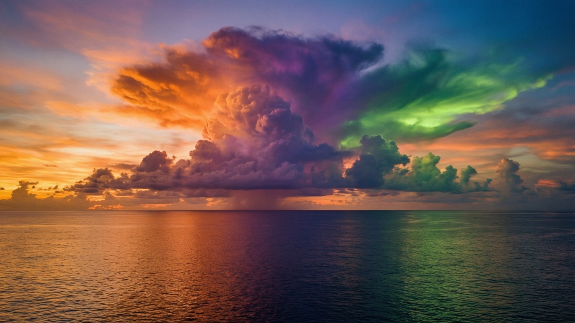 平靜海面上鮮豔的日落和極光，帶有色彩繽紛的雲彩倒影。