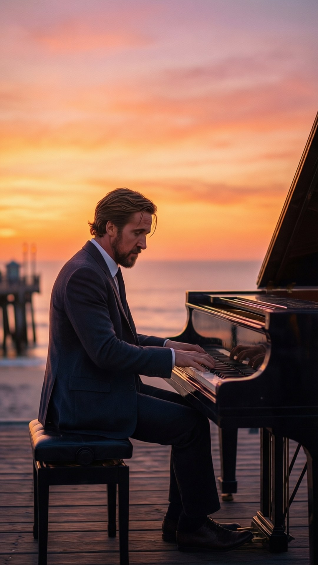 日落鋼琴手 壁紙 — 一名穿著西裝的男子在木製碼頭上彈奏三角鋼琴，熾熱的夕陽染紅了天空和海洋。