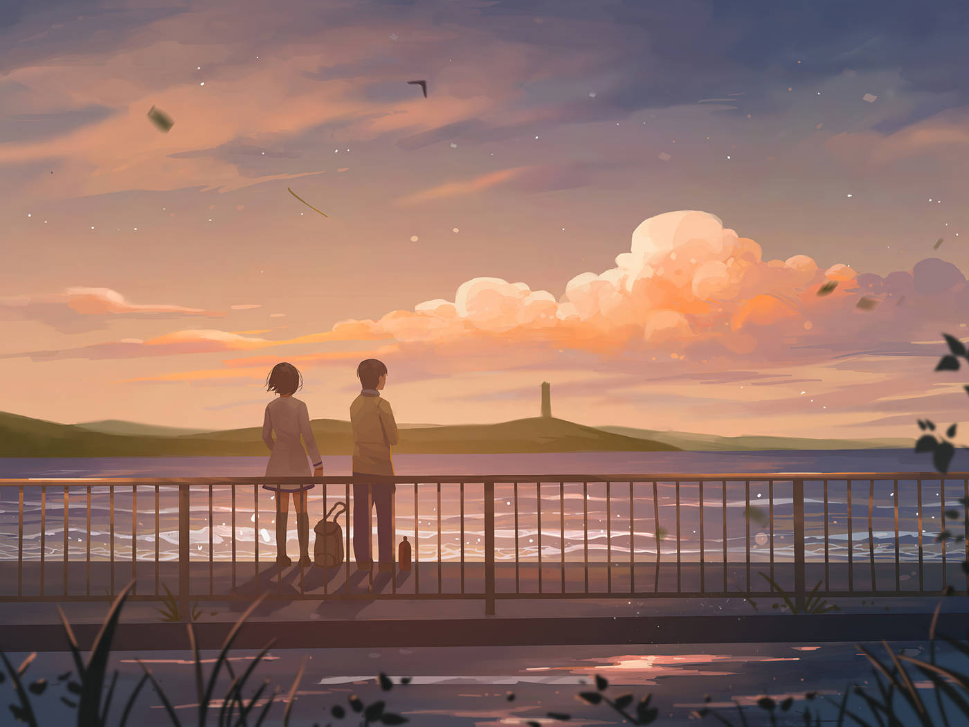 兩個青少年在夕陽映照的海面上形成剪影，伴隨著漂浮的樹葉和柔和的雲朵。
