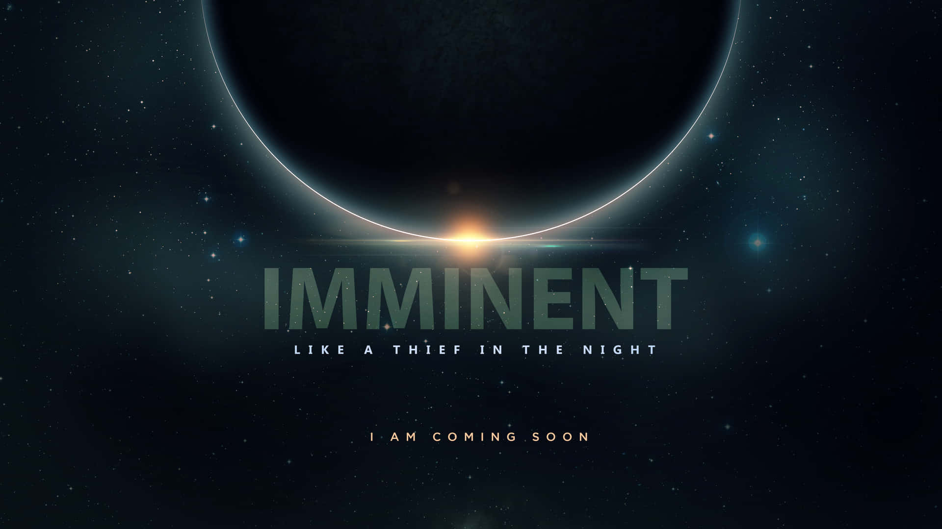 一顆黑暗行星遮蔽一顆發光的恆星，粗體文字寫著 imminent like a thief in the night。