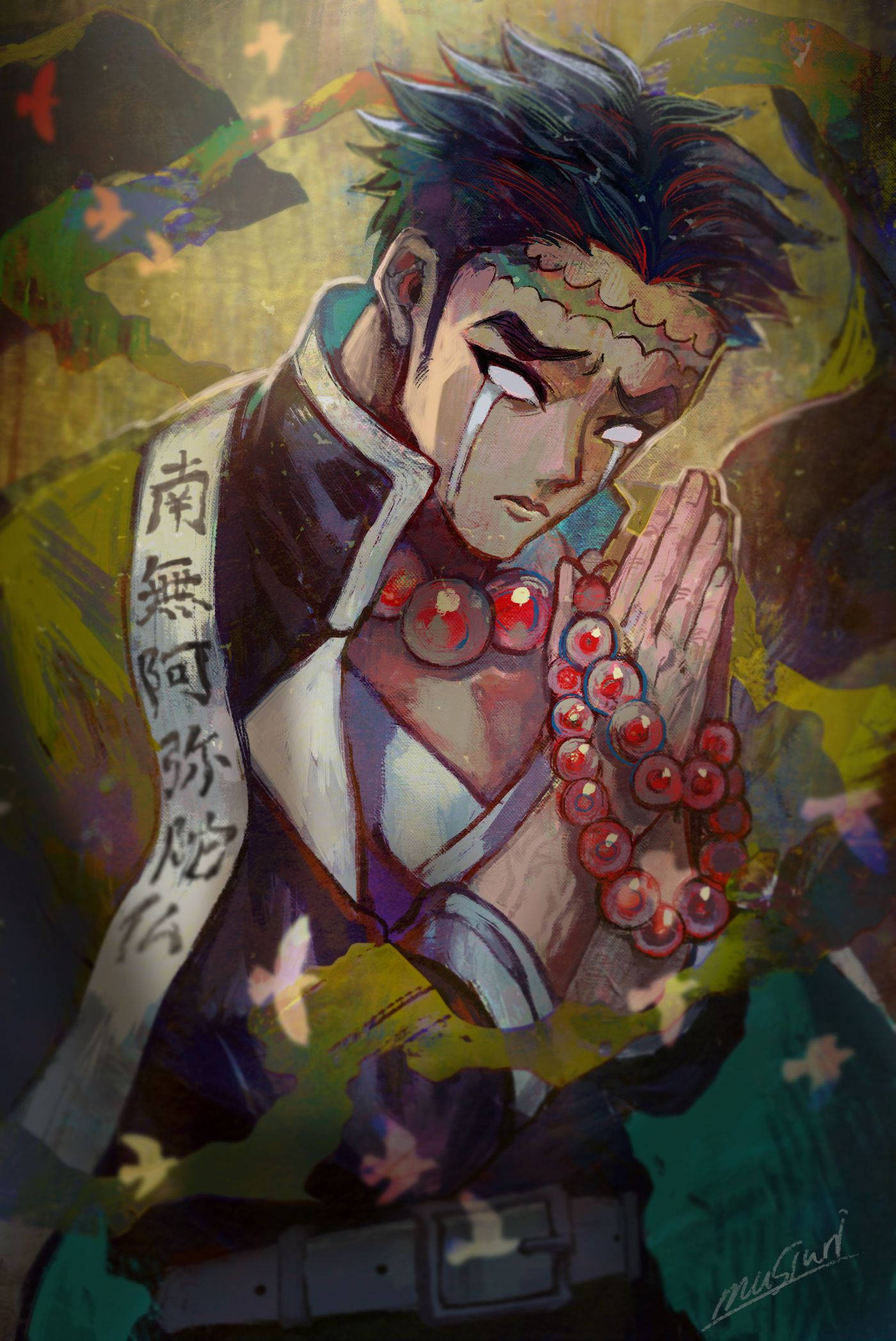 日輪禱告姿態 壁紙 — 一個莊嚴的動漫角色，頭髮尖刺，雙手合十握著念珠，背景是充滿活力的抽象圖案。