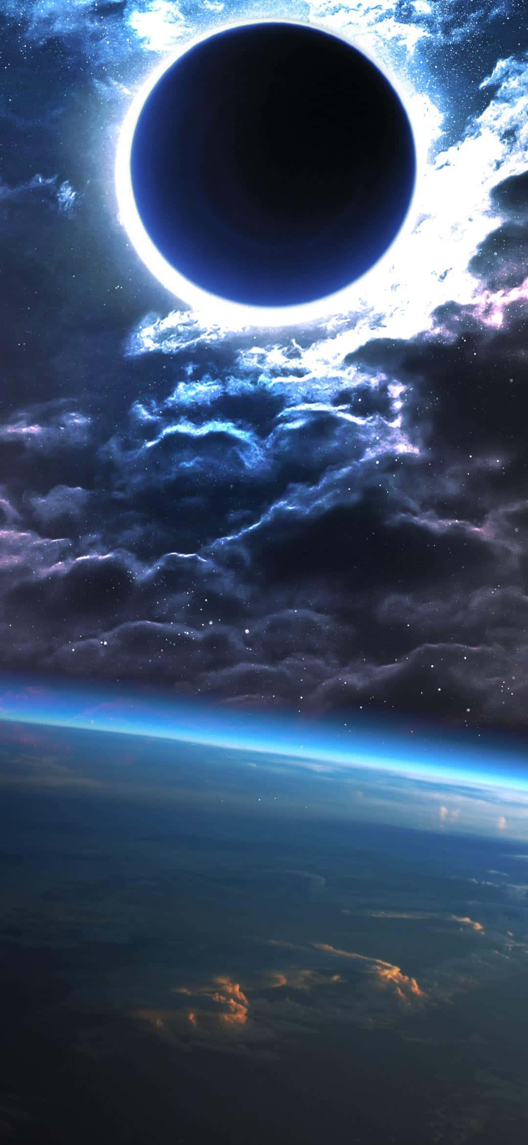 日食 1080x2340 4K 數位藝術 壁紙 — 天體日食在旋轉的宇宙雲層下，於行星彎曲的地平線上投射出一個發光環。