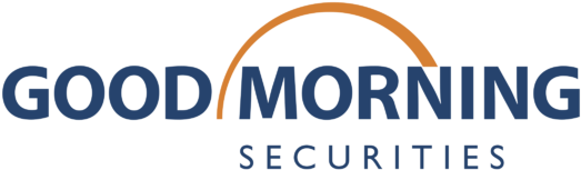 早安證券標誌 壁紙 — 粗體藍色文字寫著 'GOOD MORNING SECURITIES'，在 'MORNING' 上方有一個橙色拱形，背景為黑色。