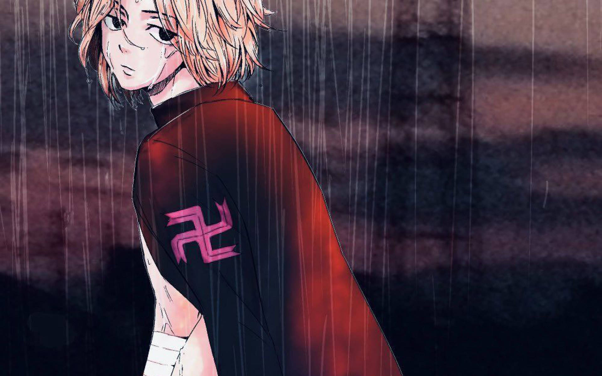 早川誠 雨中 壁紙 — 一個年輕的金髮動漫角色，身穿紅色斗篷，背後有粉紅色標誌，站在大雨中。