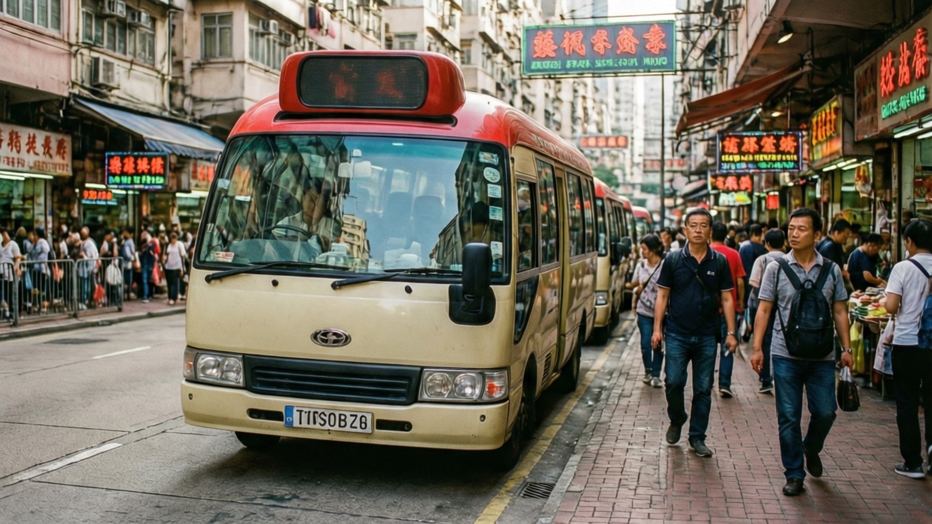 米色小巴在繁忙的香港街道上，有行人和霓虹招牌。
