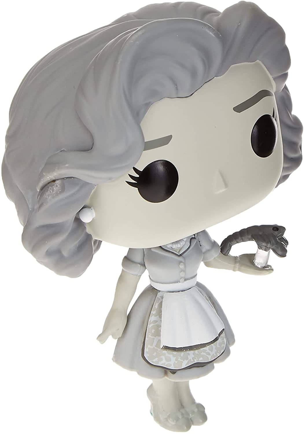 旺達·馬克希莫夫 Funko Pop 玩偶 壁紙 — 一個風格化的灰髮女僕小雕像，在純白色背景前，用銀碗捧著一條小魚。
